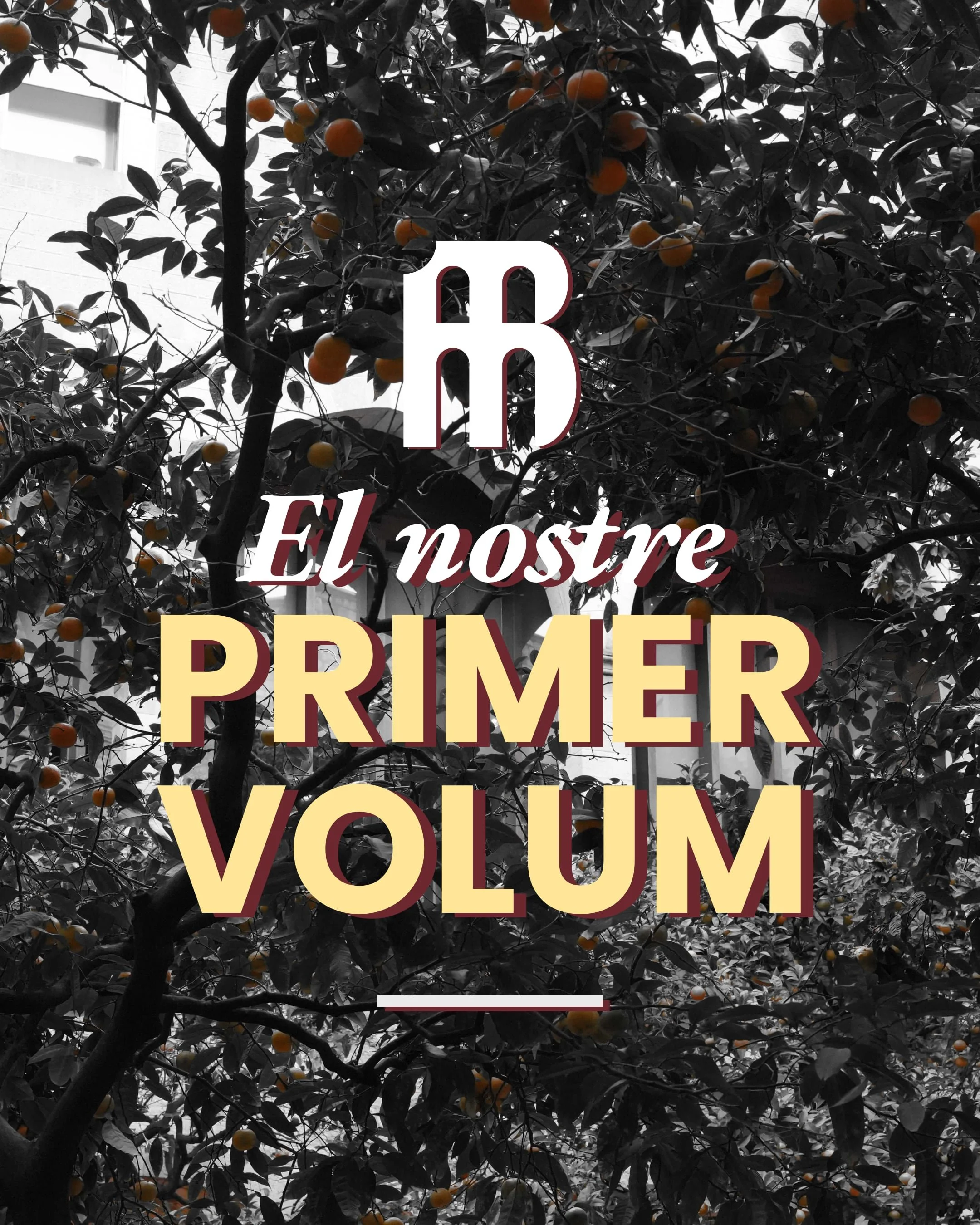 Árbol de naranjas con frutas amarillas y verdes, en fondo de edificios y cielo gris, con texto en español sobre los frutos y volumen.