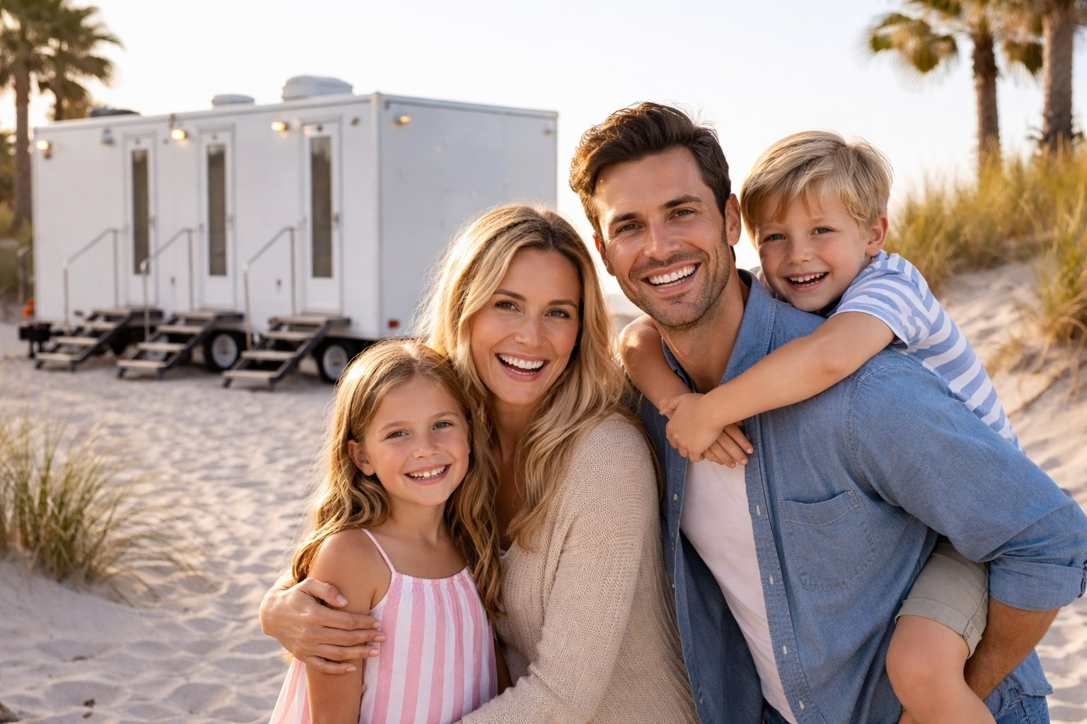family on beach with restroom trailer in background