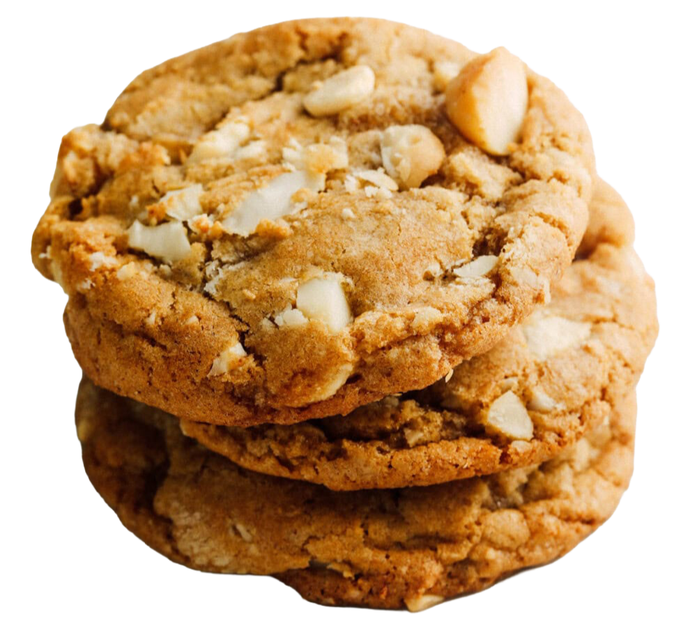 Southeast Sourdough's three white chocolate chip cookies stacked on top of each other.