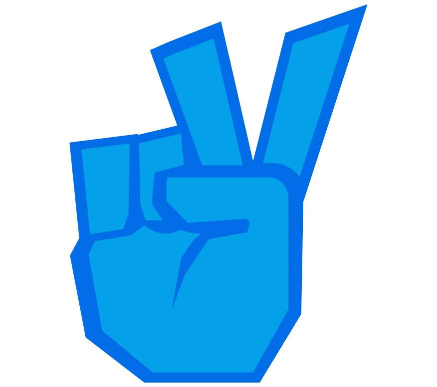 Blue hand making a peace sign with two fingers
