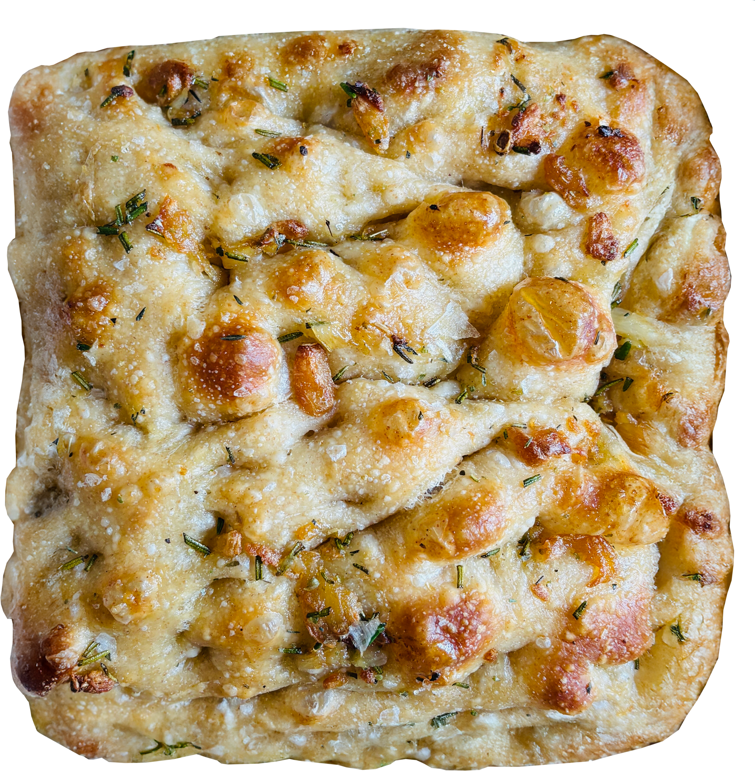 Close-up of Southeast Sourdough's  garlic focaccia bread with herbs and toasted golden-brown edges.