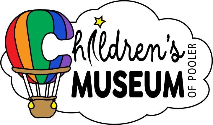 Logo for Children's Museum of Pooler featuring a colorful hot air balloon and a speech bubble with the museum's name.