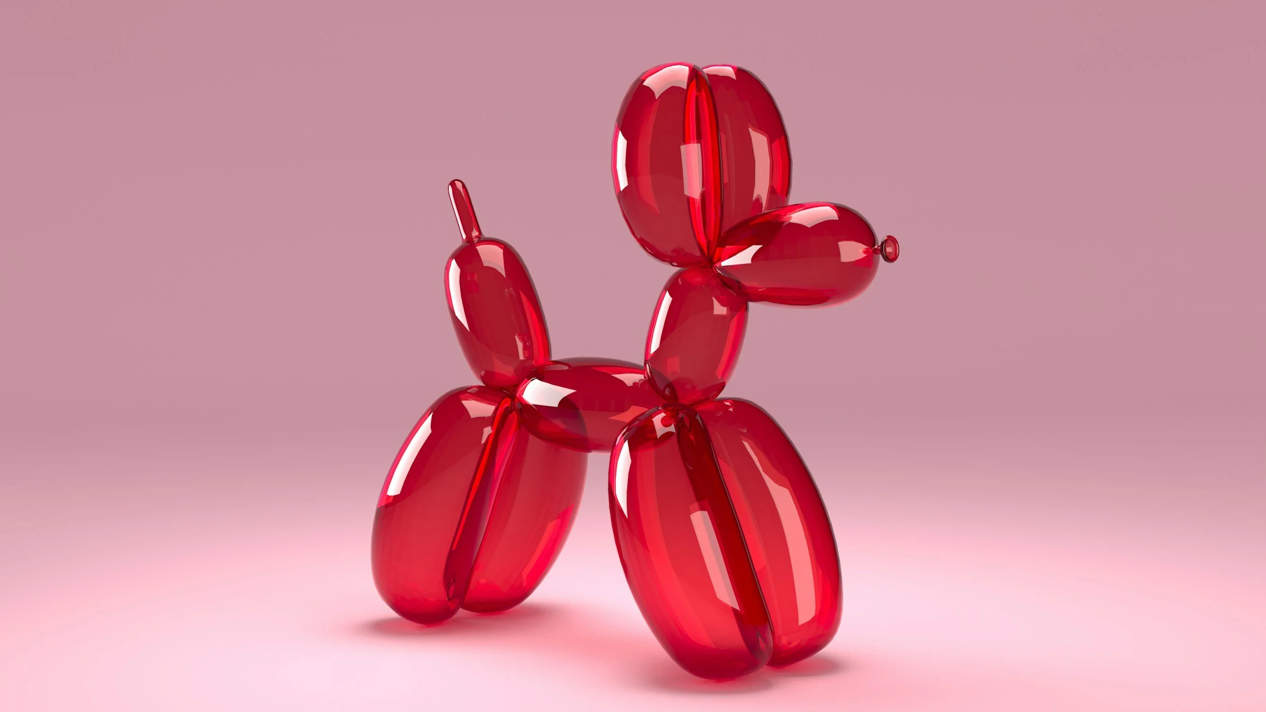 A balloon sculpture resembling a red dog, made of shiny, elongated balloons on a pink background.