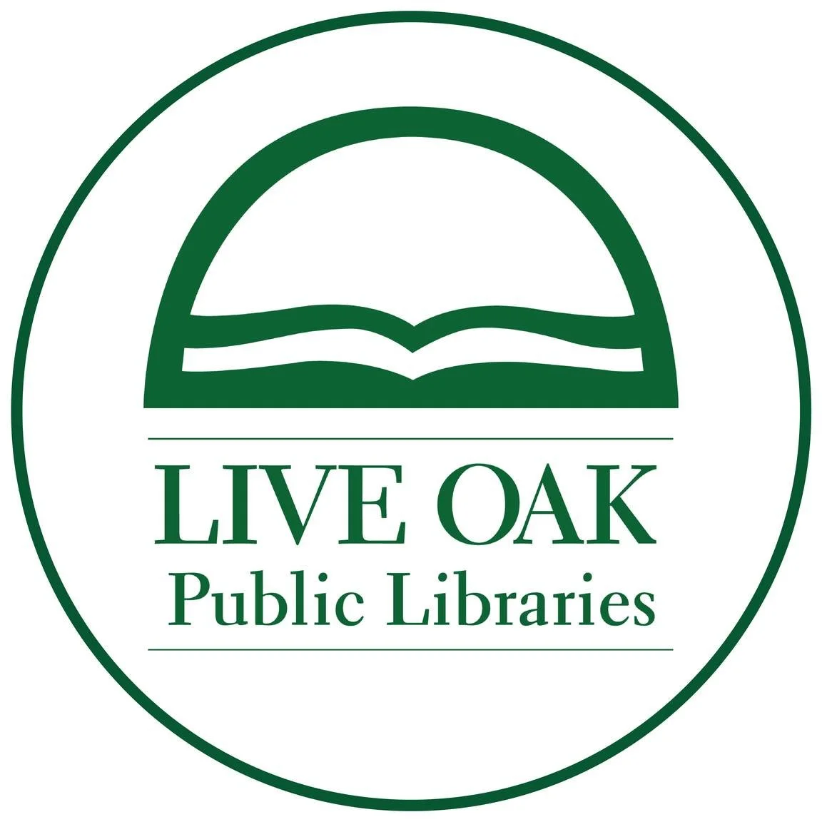 Logo for Live Oak Public Libraries featuring an open book and curved line inside a circular border.