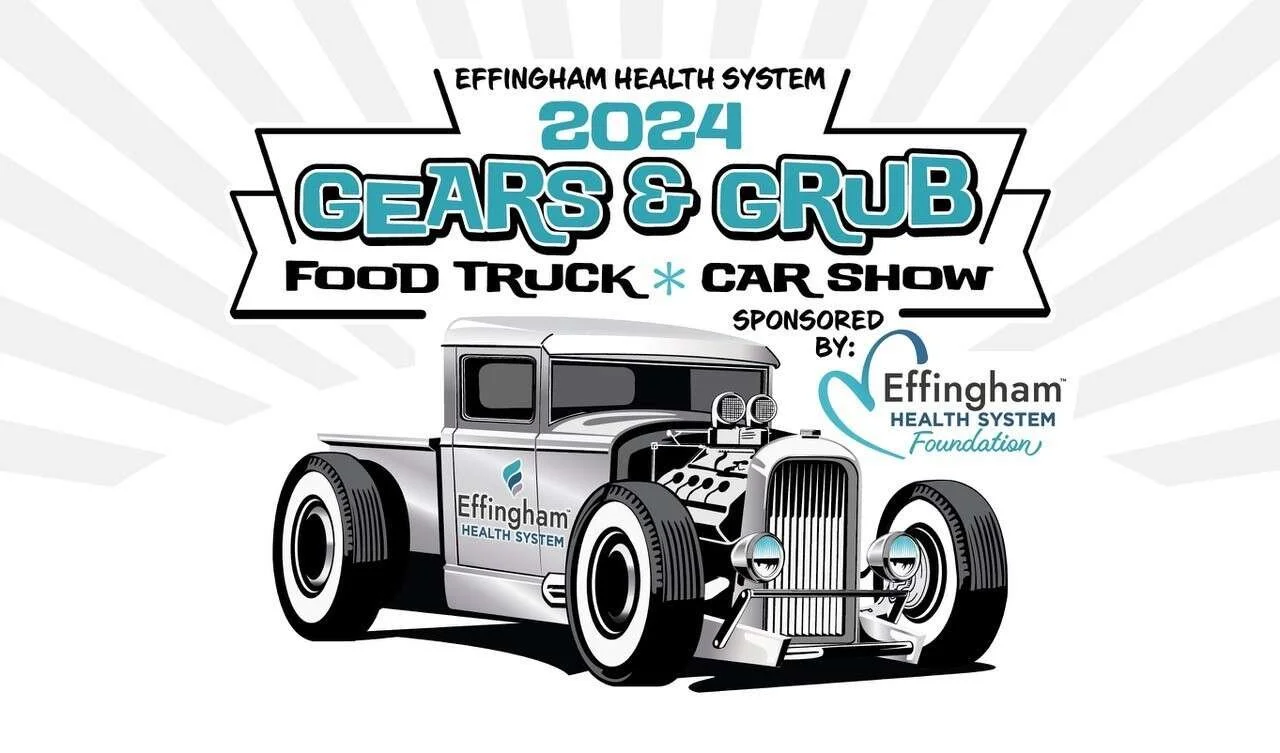 Illustration of a vintage car with the logo of Effingham Health System on the door. The background features text promoting the 2024 Gears & Grub Food Truck and Car Show event sponsored by Effingham Health System Foundation.