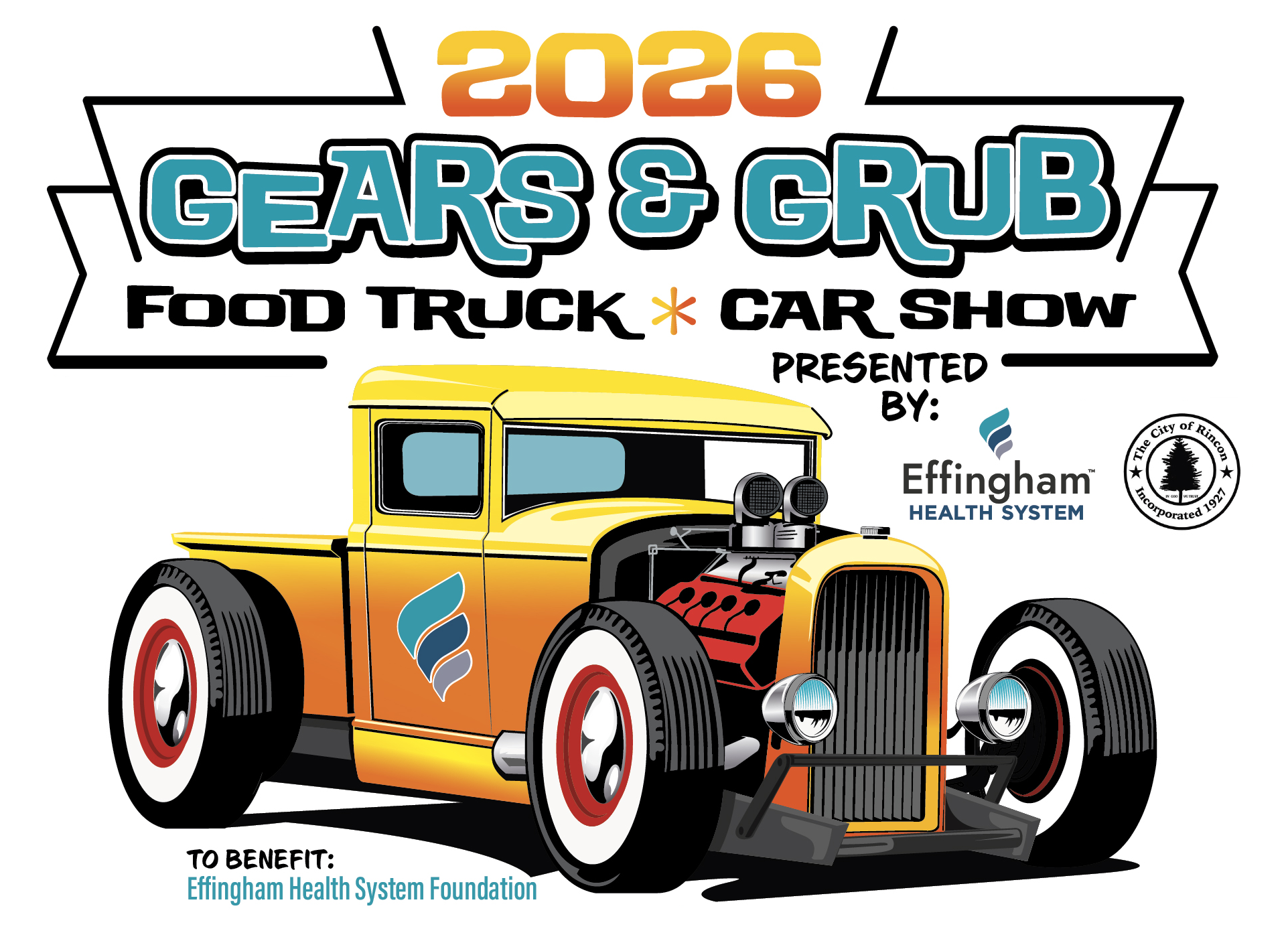 Illustration of a yellow vintage food truck with black accents, featuring the logo of Effingham Health System on its side, promoting the 2026 Gears & Grub Food Truck and Car Show event, benefiting the Effingham Health System Foundation.