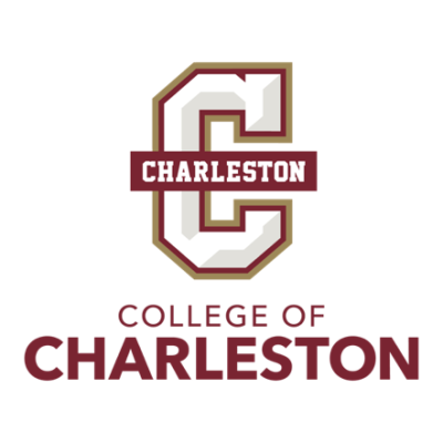 Logo for College of Charleston featuring a large block letter C with an overlapping banner that says CHARLESTON.