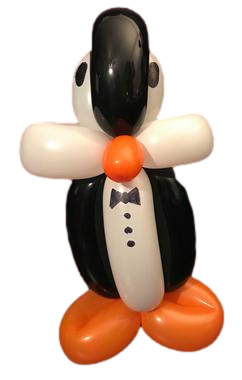 Balloon sculpture resembling a tuxedoed penguin with a black body, white face, orange beak, and orange feet, wearing a small black bow tie.