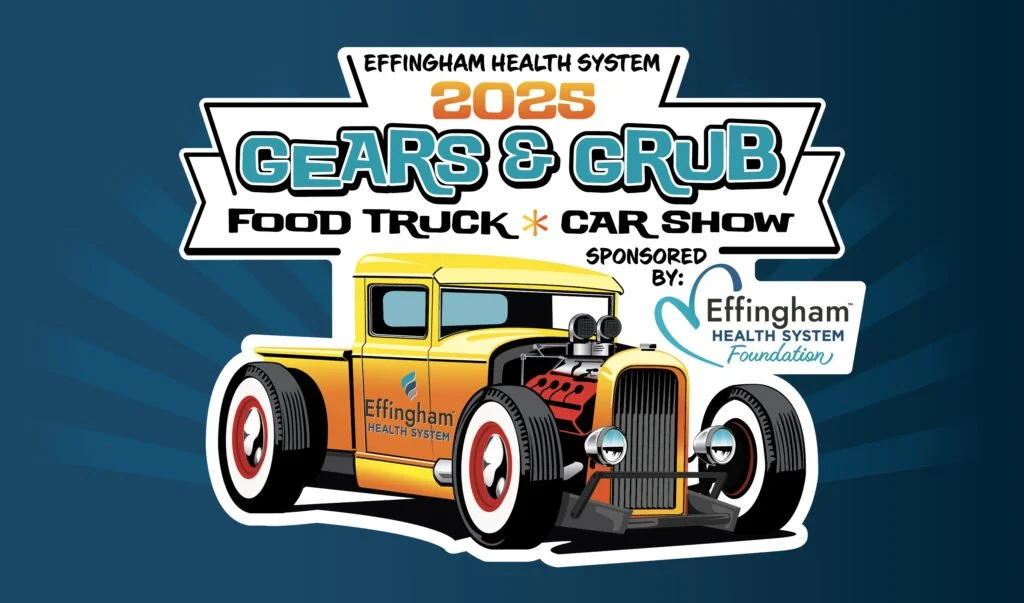 A colorful graphic poster for the 2025 Gears & Grub Food Truck and Car Show, sponsored by Effingham Health System. It features a yellow vintage-style car with black-rimmed wheels and the Effingham Health System logo on its side, set against a blue background with radiating lines.