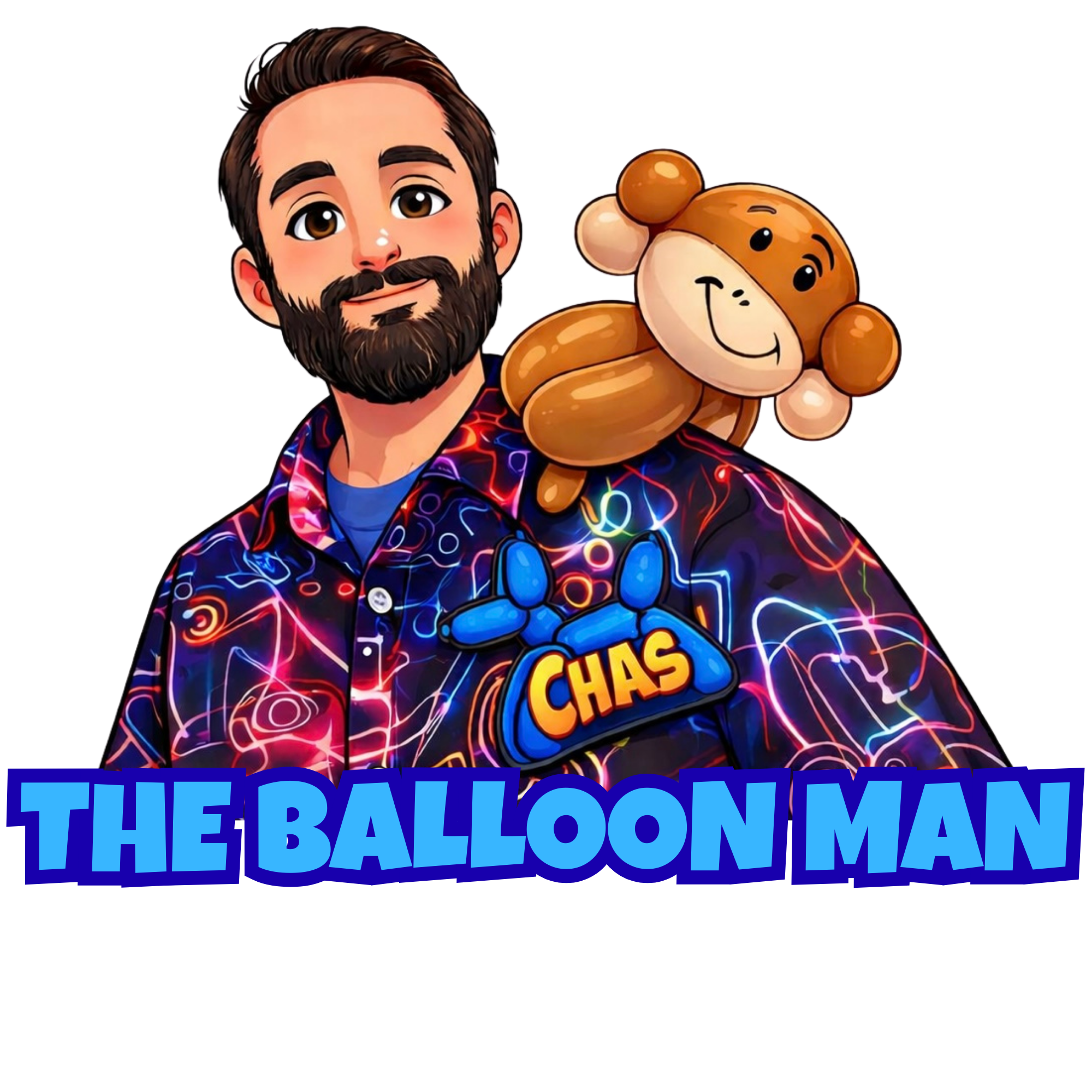 A cartoon man with a beard and brown hair, wearing a colorful, neon-patterned shirt, holding a plush monkey toy with a smiling face. The text 'THE BALLOON MAN' is displayed at the bottom.