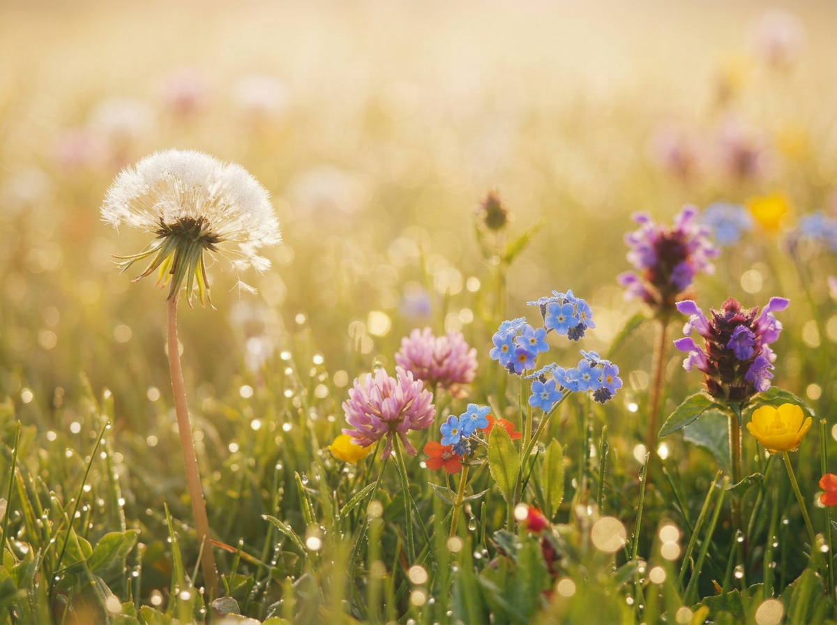 Close-up of a meadow with colorful wildflowers including a dandelion puffball, blue forget-me-nots, pink clover, red, purple, yellow, and orange flowers, dew on grass, and blurry background with more flowers and sunlight.