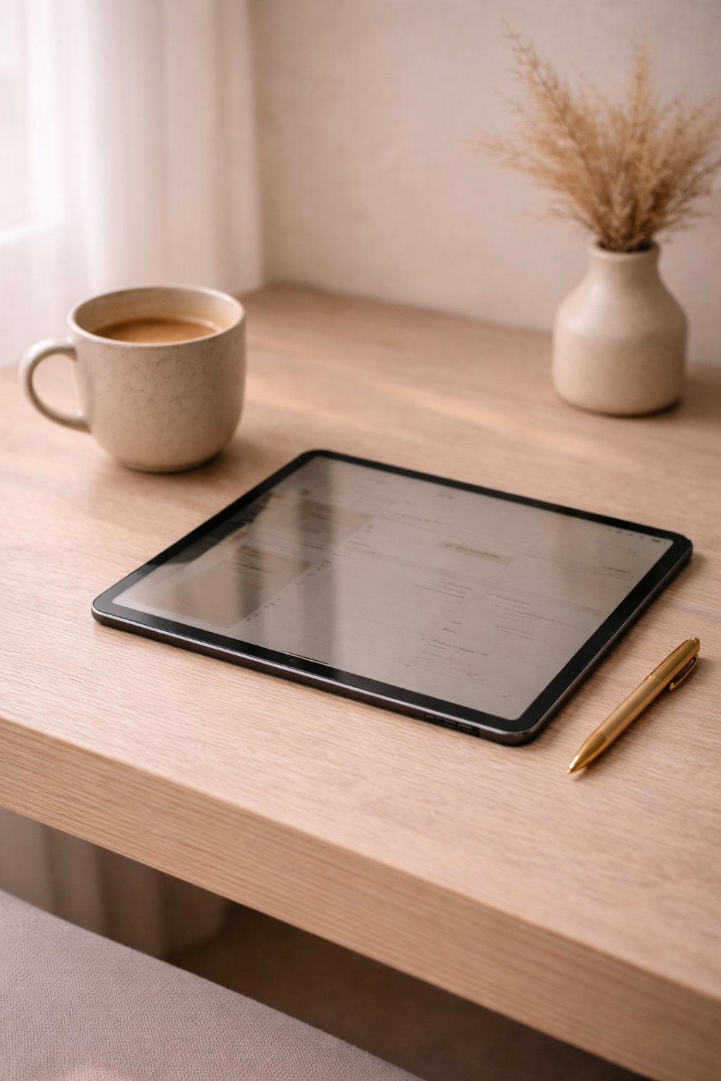 A tablet, a gold pen, a mug of coffee, and a white vase with dried grasses on a light wooden table near a window with sheer curtains.