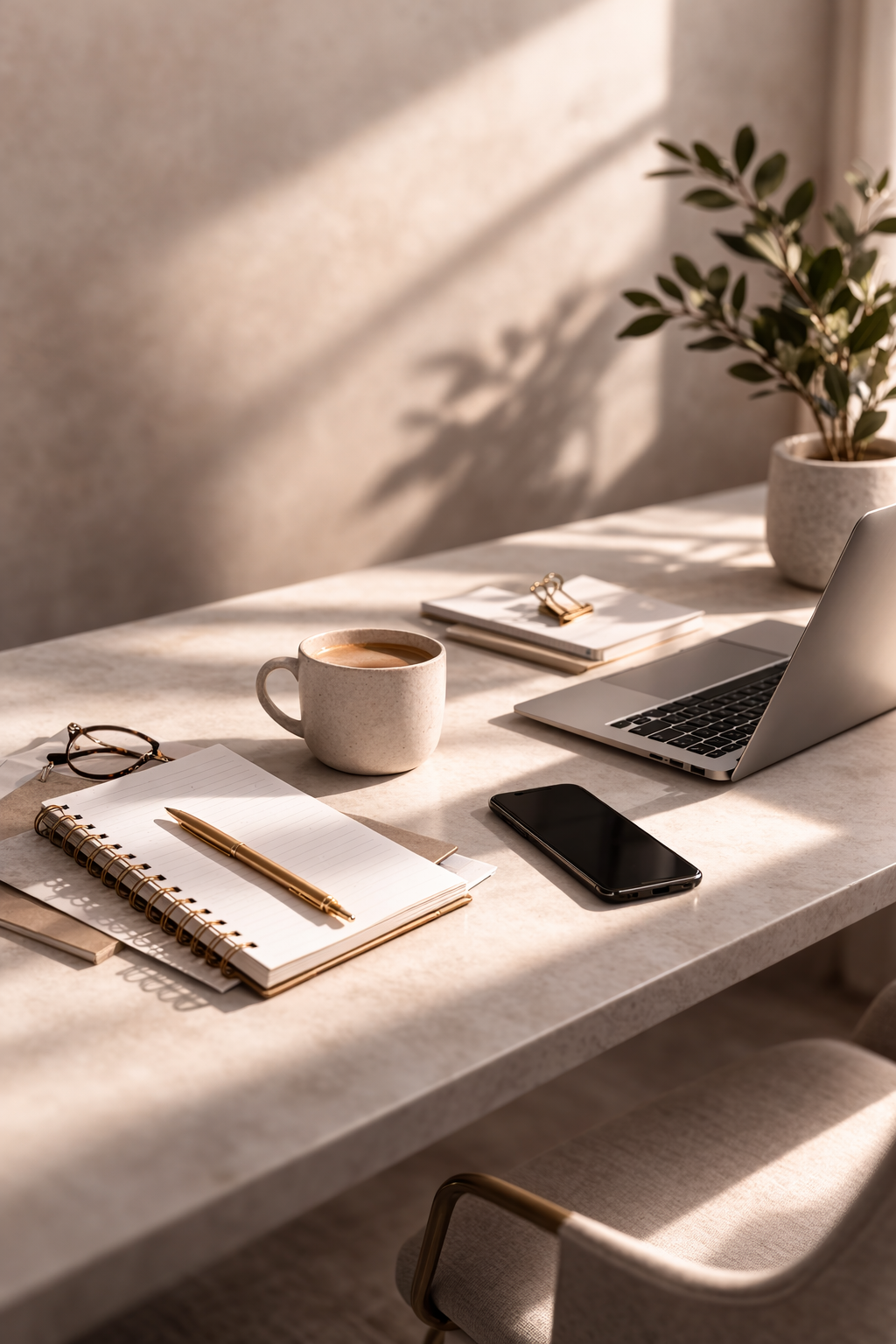 A workspace with a laptop, smartphone, notebook, pen, glasses, coffee mug, and potted plant on a desk in natural sunlight.