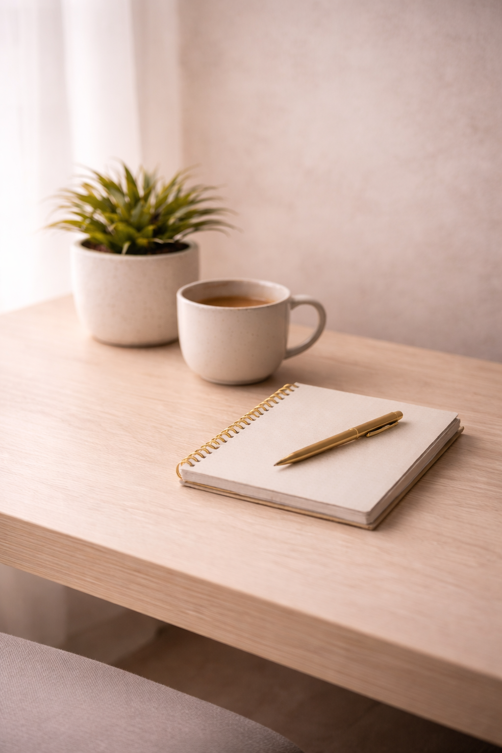 A minimalistic desk setup with a potted plant, a cup of coffee, and a notebook with a gold pen on a light wooden surface.