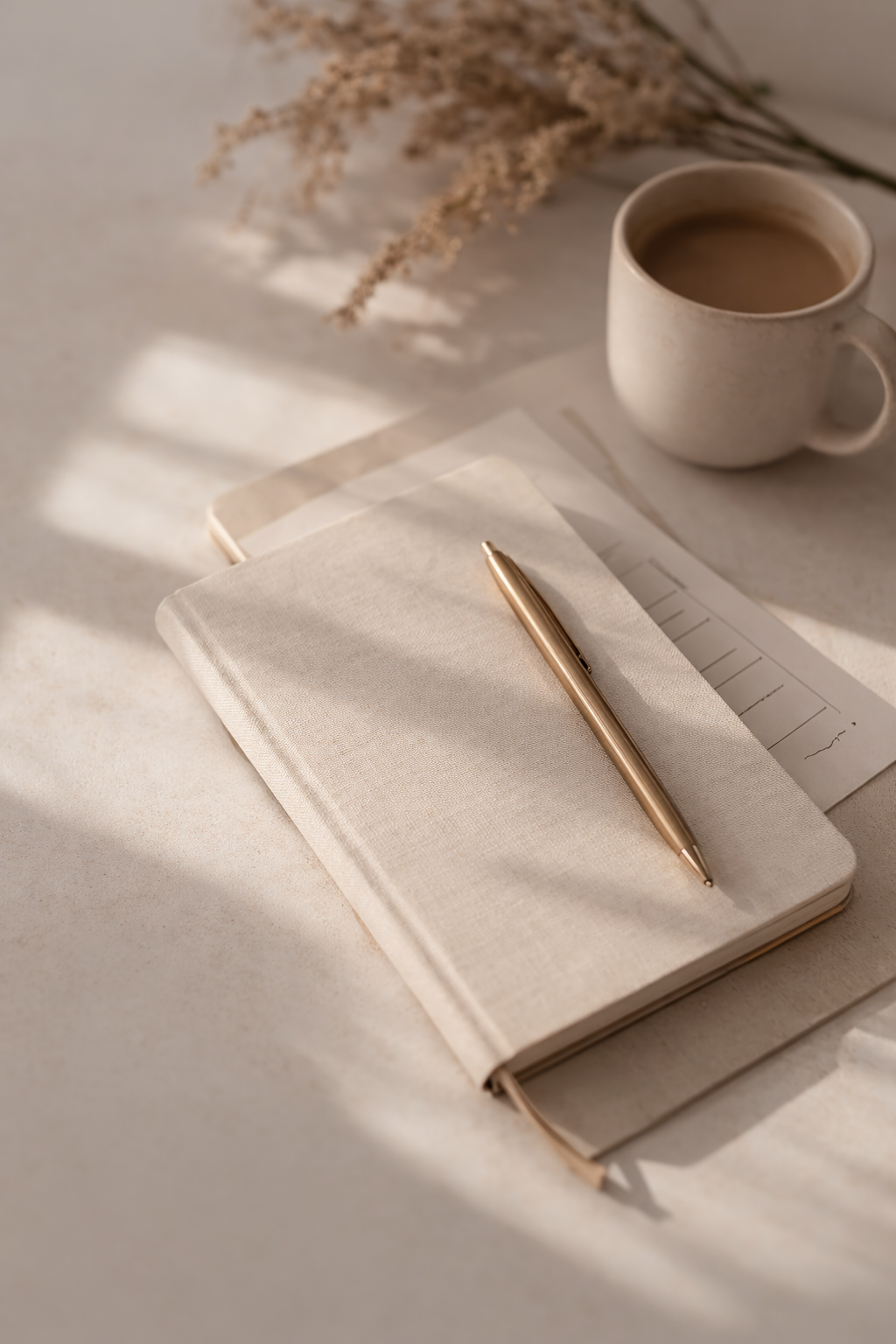 An open notebook with a pen resting on top, a cup of coffee, and a dried plant on a light-colored surface with soft shadows.