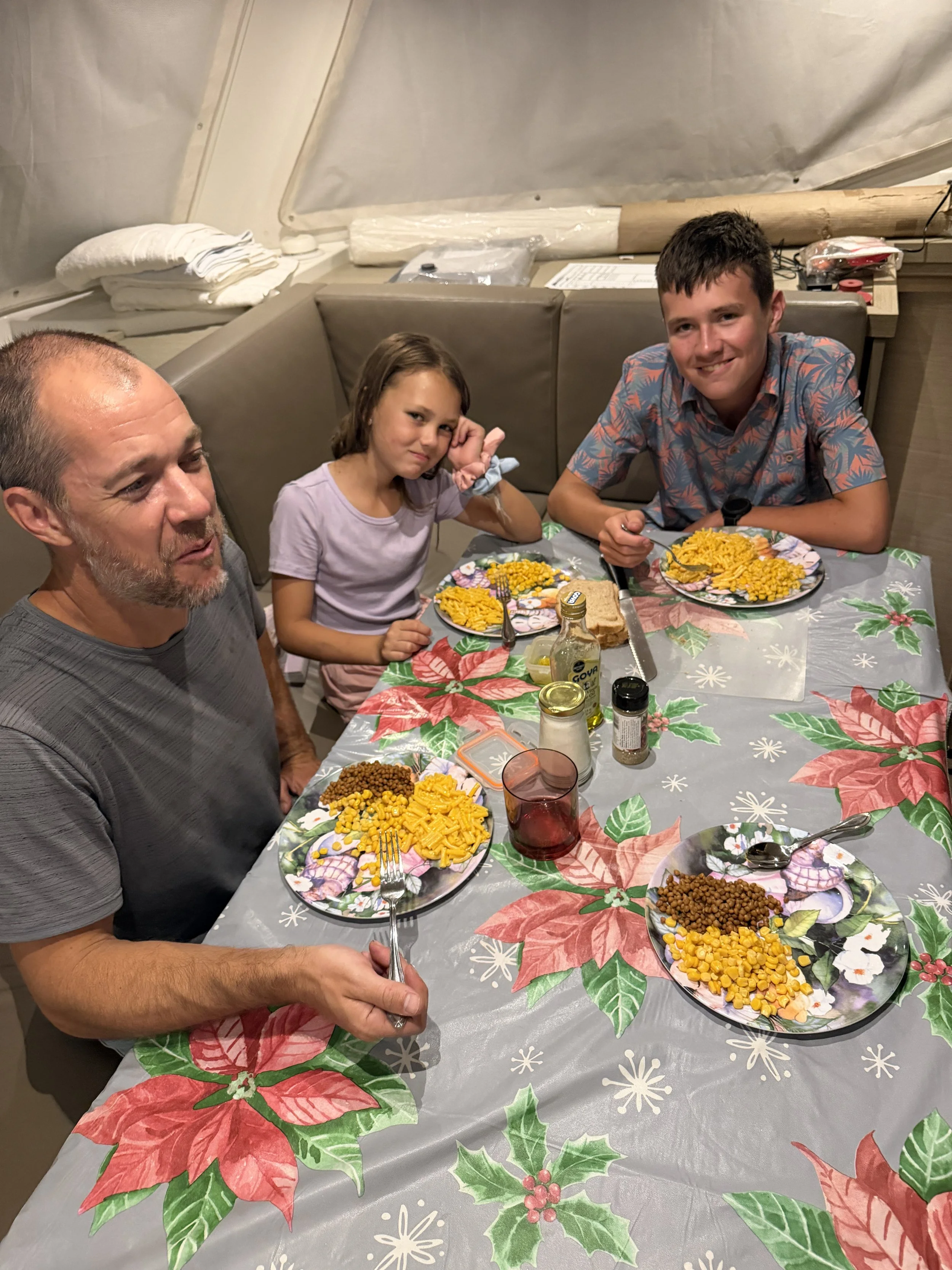 First dinner cooked on the boat - very fancy - mac, lentils, and corn (is corn a vegetable?)
