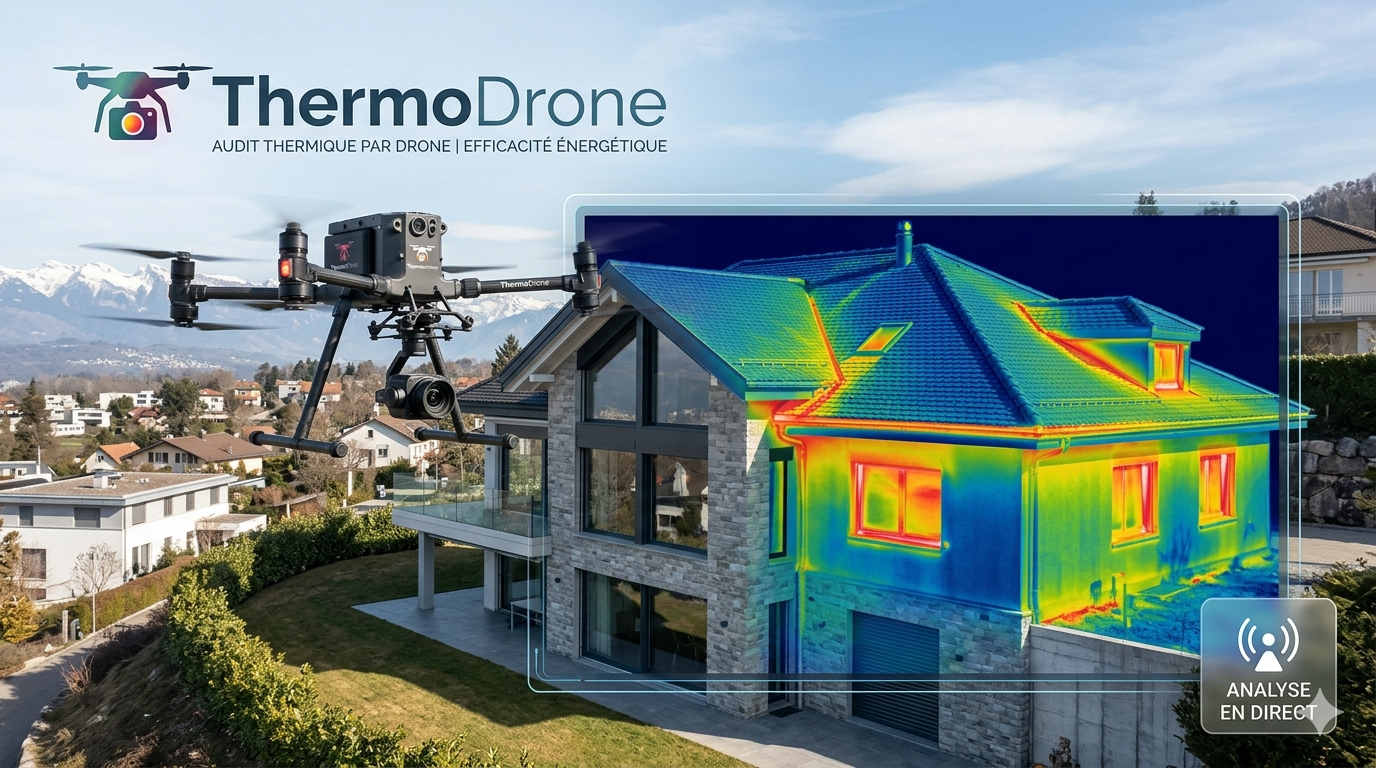 Drone thermographique survolant une maison pour un audit énergétique, affichant une image infrarouge de la maison avec des zones chaudes en rouge et froides en bleu.