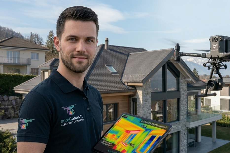Un technicien pose une caméra thermique sur le toit d'une maison moderne