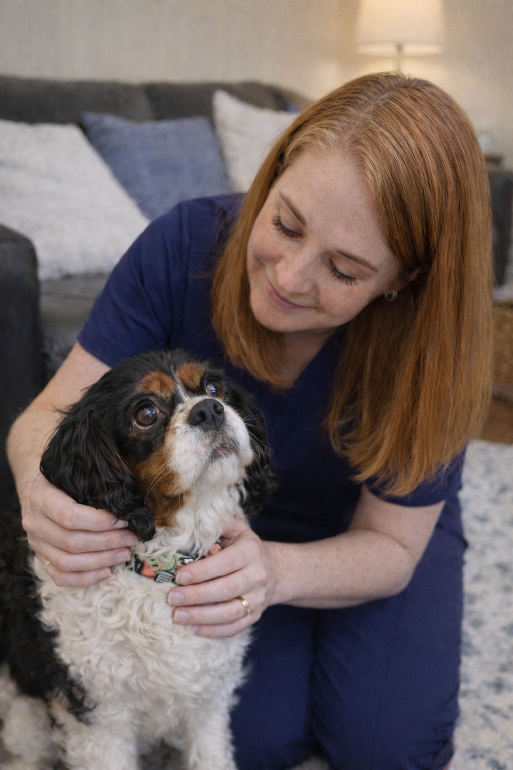 A woman with red hair smiling and holding a small black, white, and brown dog on a couch in a living room.