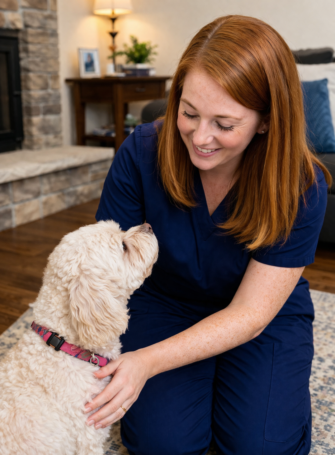 A woman with red hair, wearing a navy blue uniform, kneeling on a patterned rug and smiling at a cream-colored fluffy dog. The setting is a cozy living room with a brick fireplace, a wooden side table with picture frames and a potted plant, and a lamp in the background.