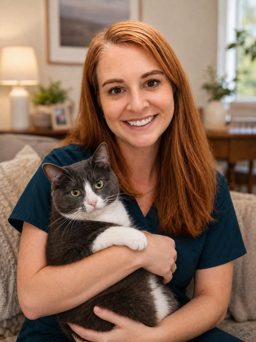 A woman with long red hair and a teal shirt smiling while holding a black and white cat in a cozy living room.