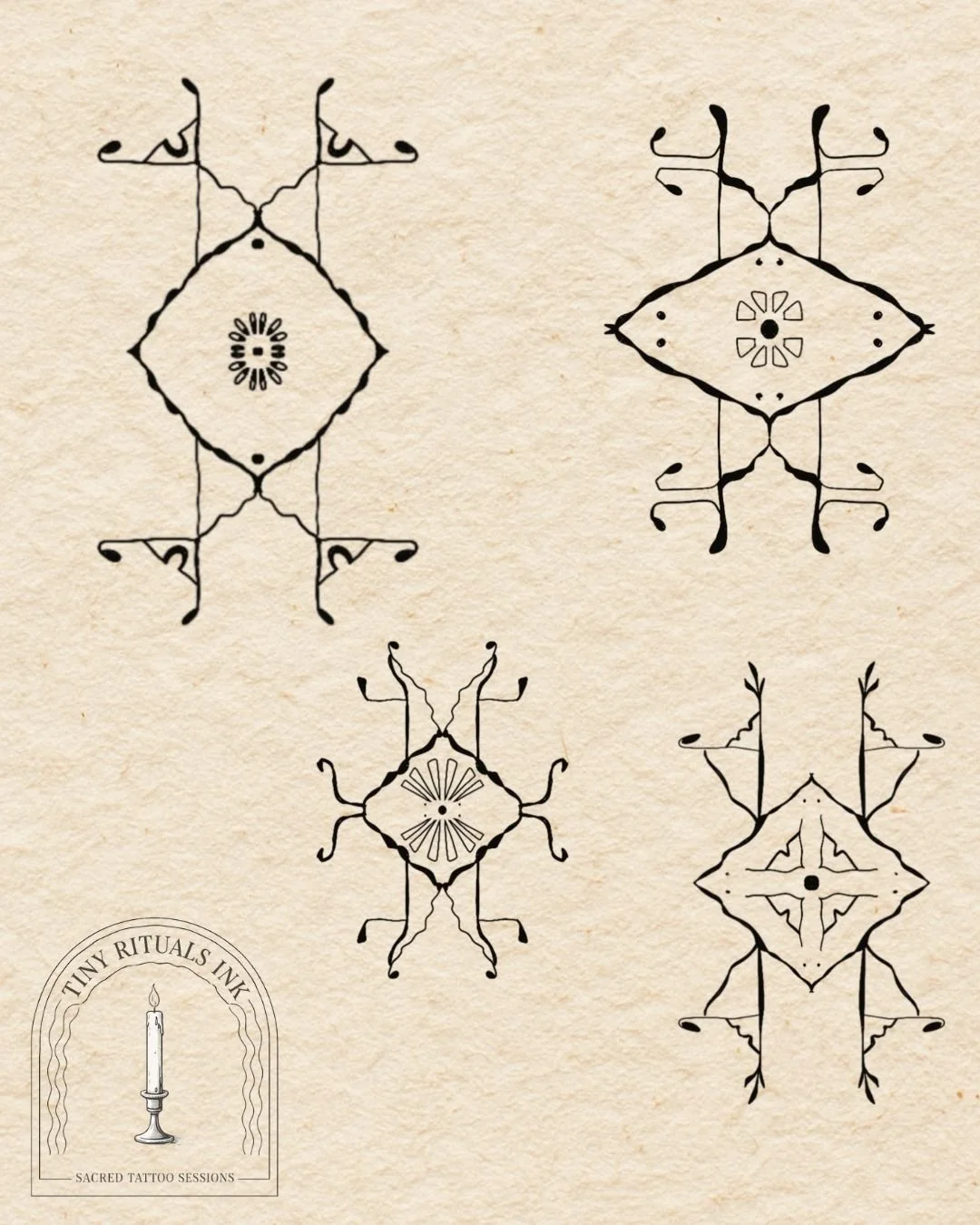 Collection of four symmetrical black ink tattoo designs on beige background, with a small logo of a candle in a holder labeled "Tiny Rituals Ink" and "Sacred Tattoo Sessions" in the bottom left corner.