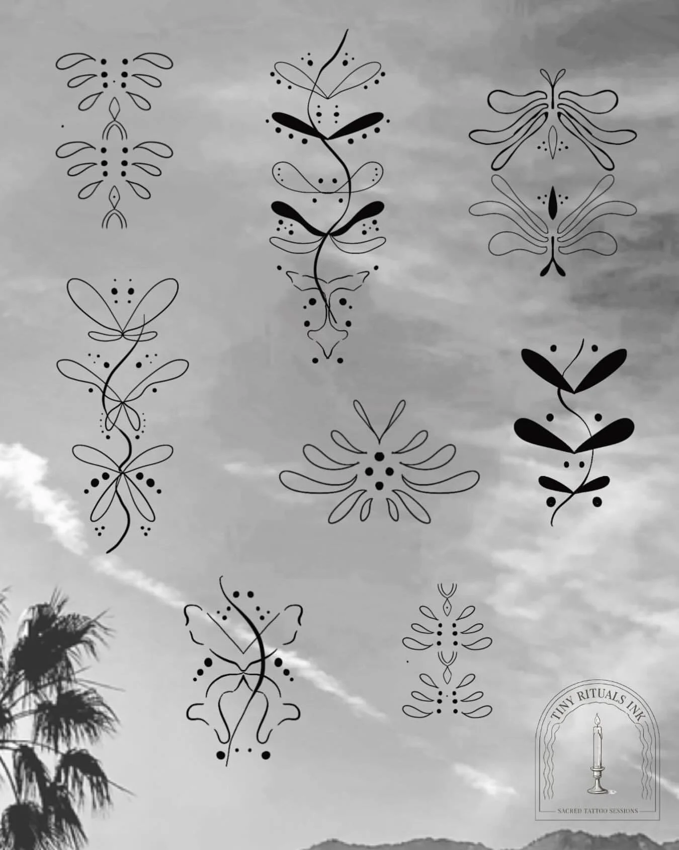 Black tattoo-style line drawings of butterflies and floral patterns on a cloudy sky background, with a logo reading 'Tiny Rituals Ink Sanctuary Tattoo Sessions' in the lower right corner.