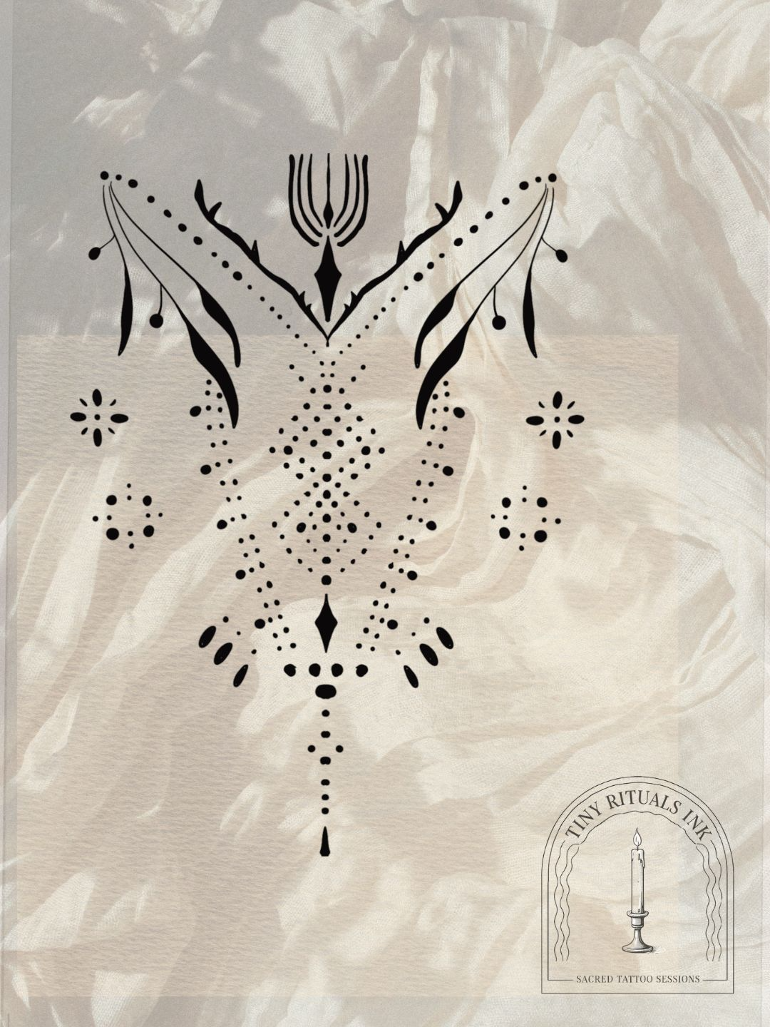 Black tribal-style tattoo design on semi-transparent paper, featuring symmetrical dots, lines, and abstract shapes, with a logo of a candle in a holder and the words "Tiny Rituals Ink Sacred Tattoo Sessions" in the bottom right corner.