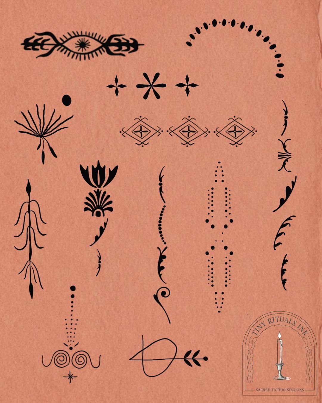 Various black tattoo designs including geometric, floral, and abstract patterns on a pink background, with an arched logo in the bottom right corner reading 'Tiny Rituals Ink Sacred Tattoo Sessions' and featuring a candle.