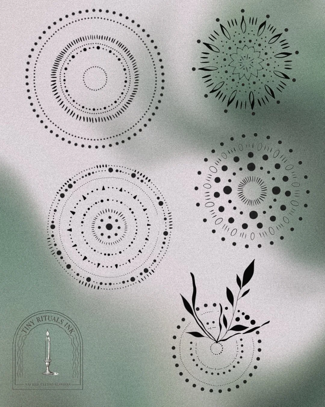 Four circular geometric designs with intricate patterns in black, arranged in a grid on a light background, with a small logo of a candle on the bottom left corner.