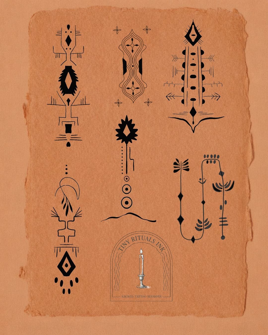 Several black tribal-style tattoo designs on a brown paper background, with a small logo at the bottom reading 'Tiny Rituals Ink' and 'Sacred Tattoo Sessions' featuring a candle.