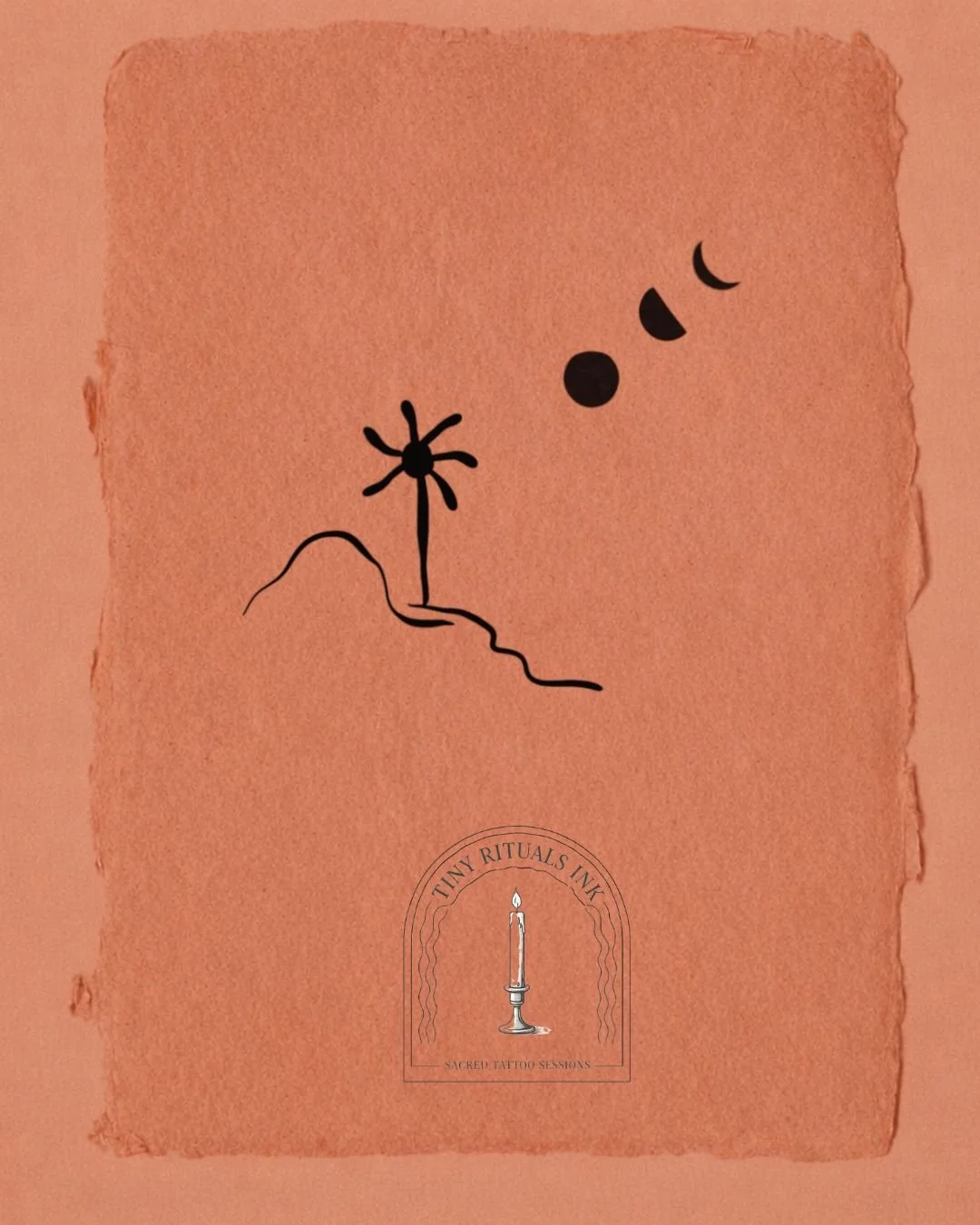 Minimalist line drawing of a hill with a palm tree under the moon phases, with a logo and text for Tiny Rituals Ink Sacred Tattoo Sessions.