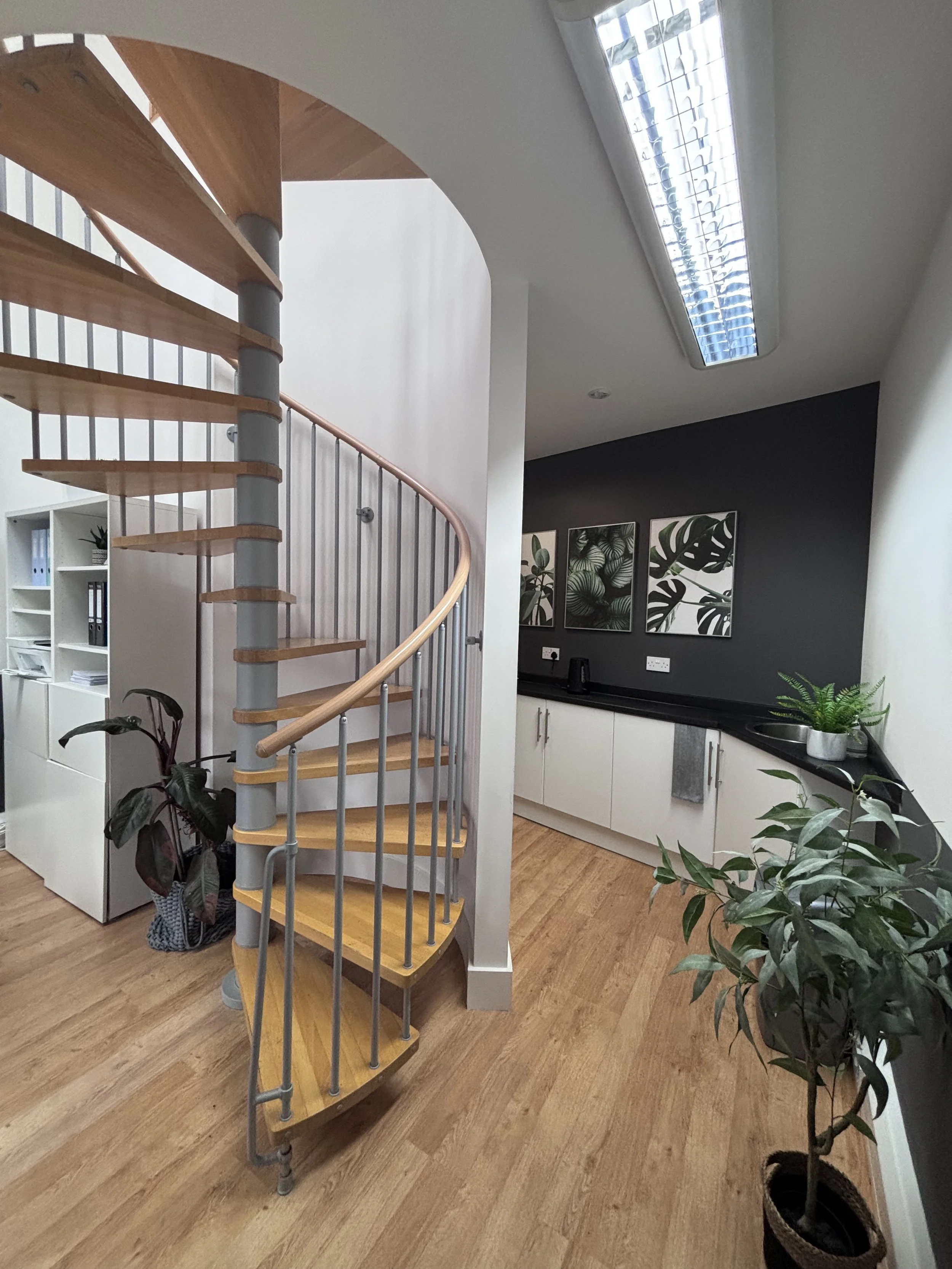 Interior of a modern workspace with a wooden spiral staircase, grey accent wall, white cabinets, framed botanical art, and potted plants.