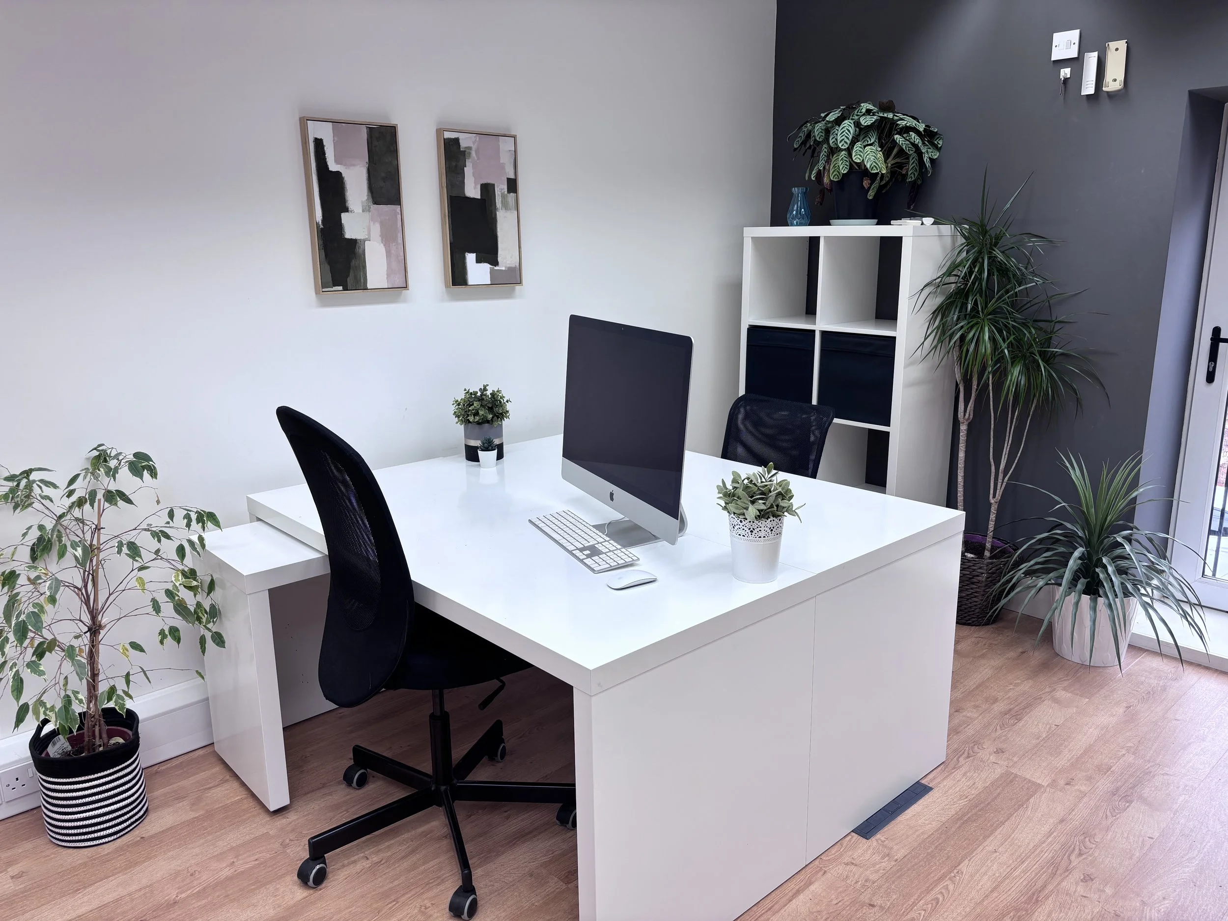 Modern office with a white desk, black chairs, potted plants, and wall art. A computer monitor and keyboard are placed on the desk. There is a white shelf with plants, a glass vase, and bowls against a two-tone wall with some wall-mounted devices.