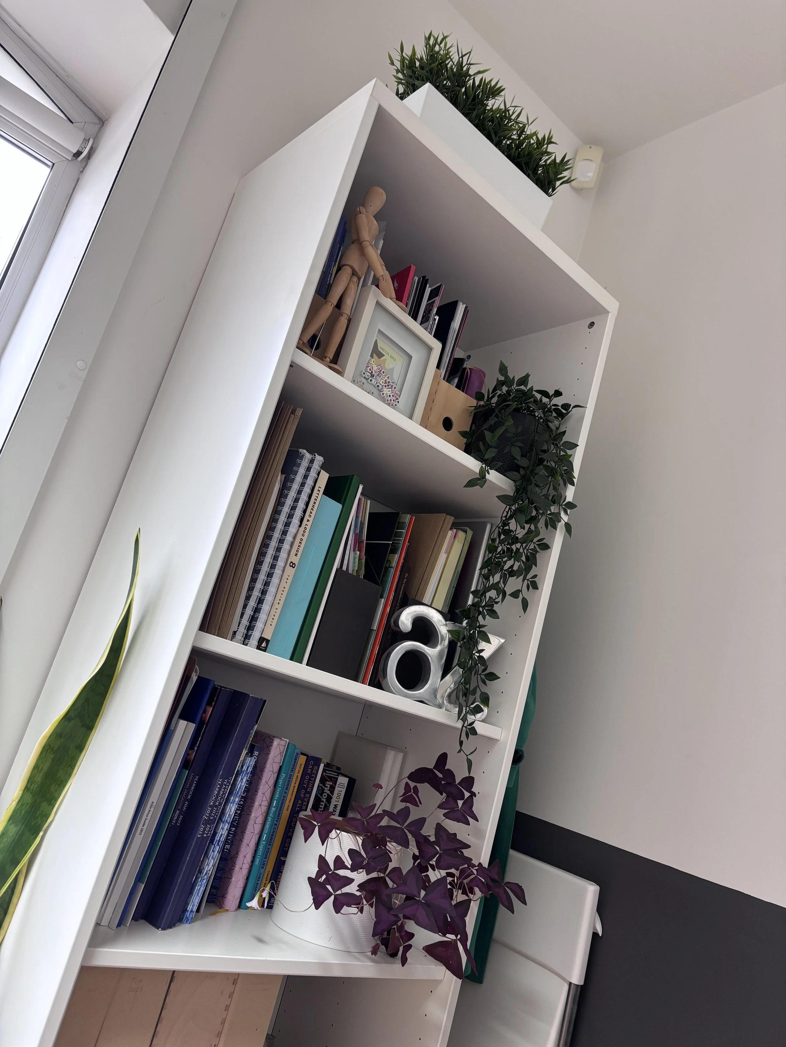 White bookshelf with books, decorative items, potted plants, and a large silver A and Z, next to a window.