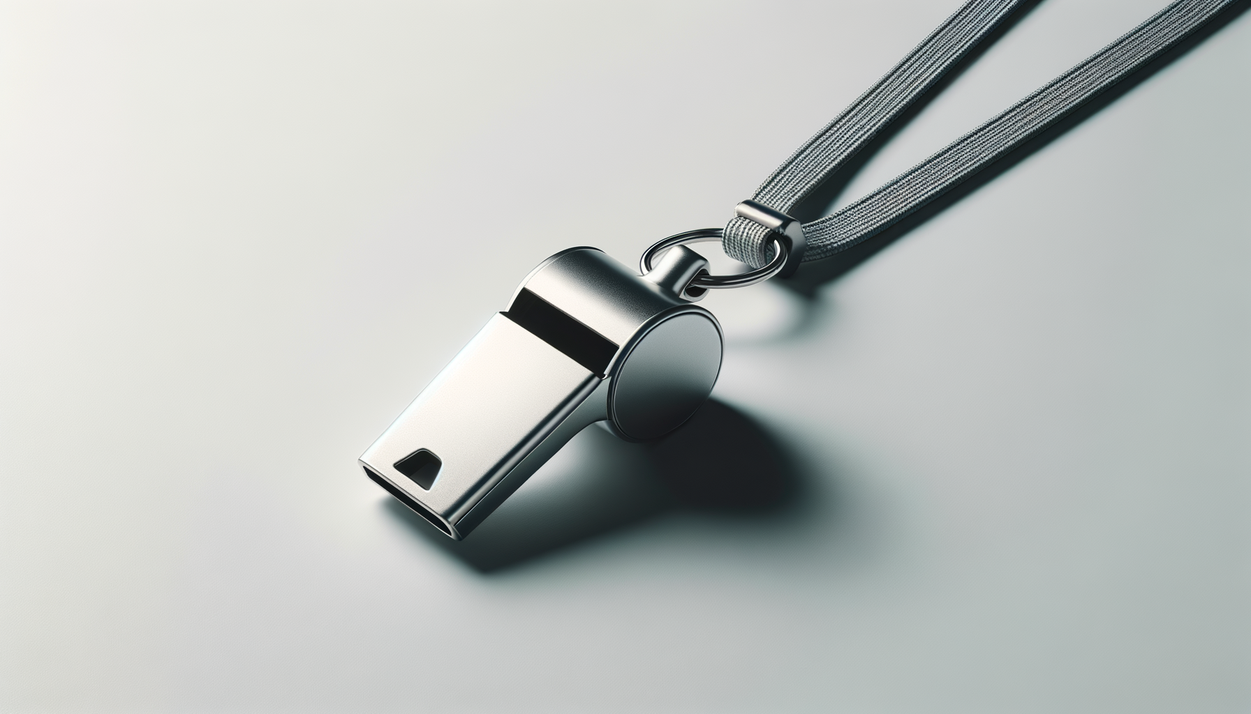 A metallic whistle with a gray lanyard on a light surface.
