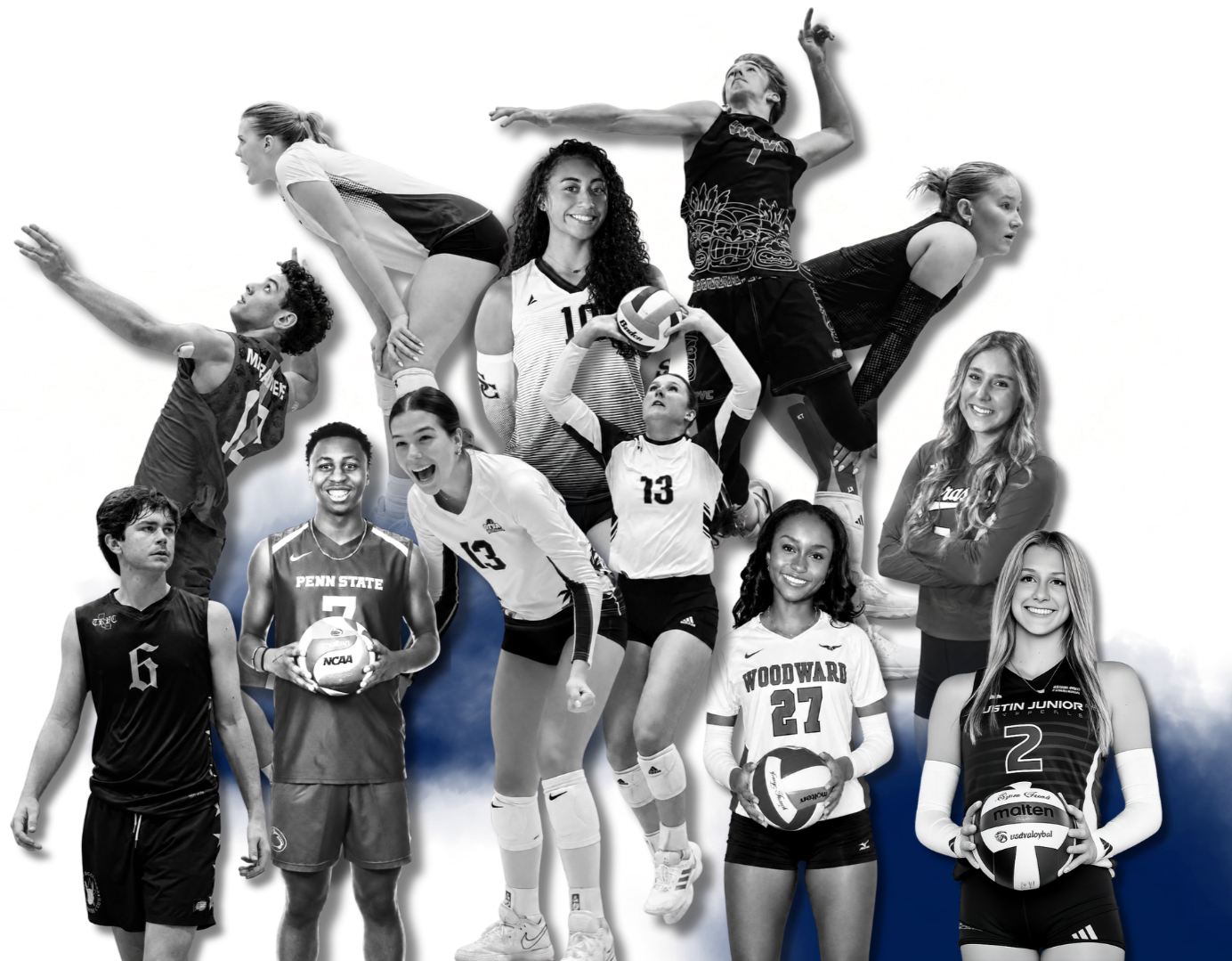 Collage of female and male athletes playing volleyball and basketball, some in action, with a black, white, red, and blue background.
