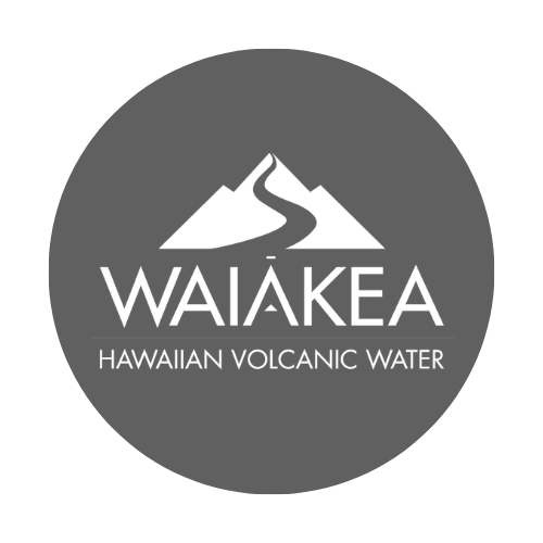 Logo for Waiakea Hawaiian Volcanic Water featuring a mountain and a melting snow or lava flow.