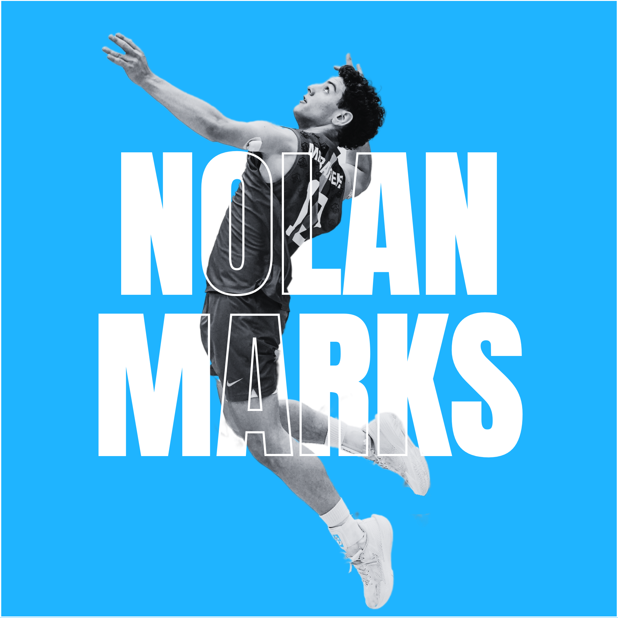 An athlete in a VOLLEYBALL uniform jumping in the air, reaching out with their right arm, wearing white sneakers, with a blue background and the word "NOLAN MARKS" partially visible behind them.