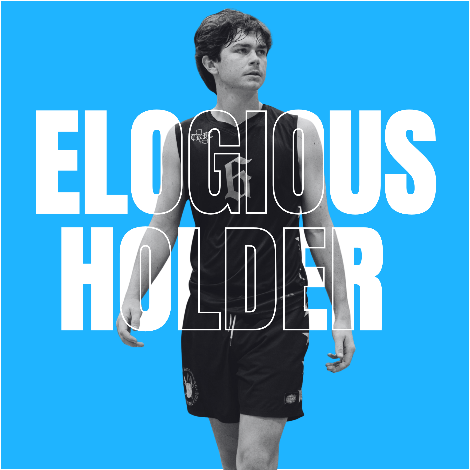 A male athlete wearing a black sports uniform standing against a blue background with the word 'ELOGIOUS HOLDER' overlaid in large white letters.