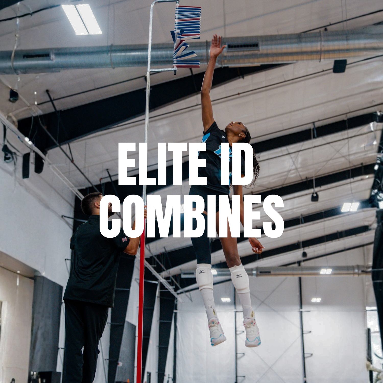 Female athlete performing a high jump at an indoor track and field facility, with an official monitoring her attempt. The words "Elite ID Combines" are overlaid on the image.
