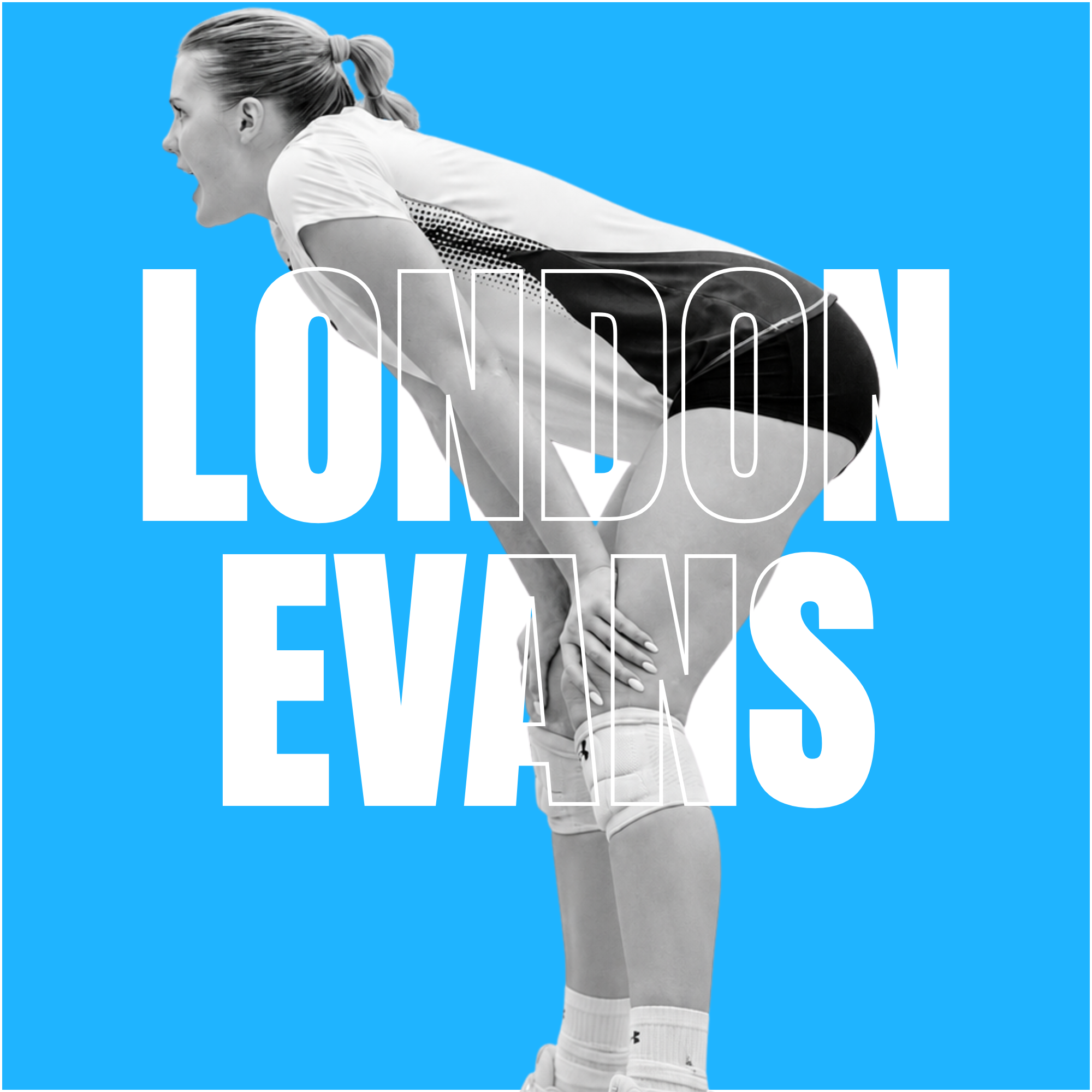 Black and white image of a female volleyball player in uniform leaning forward with her mouth open, set against a blue background with large overlaid white text that reads "LONDON EVANS."