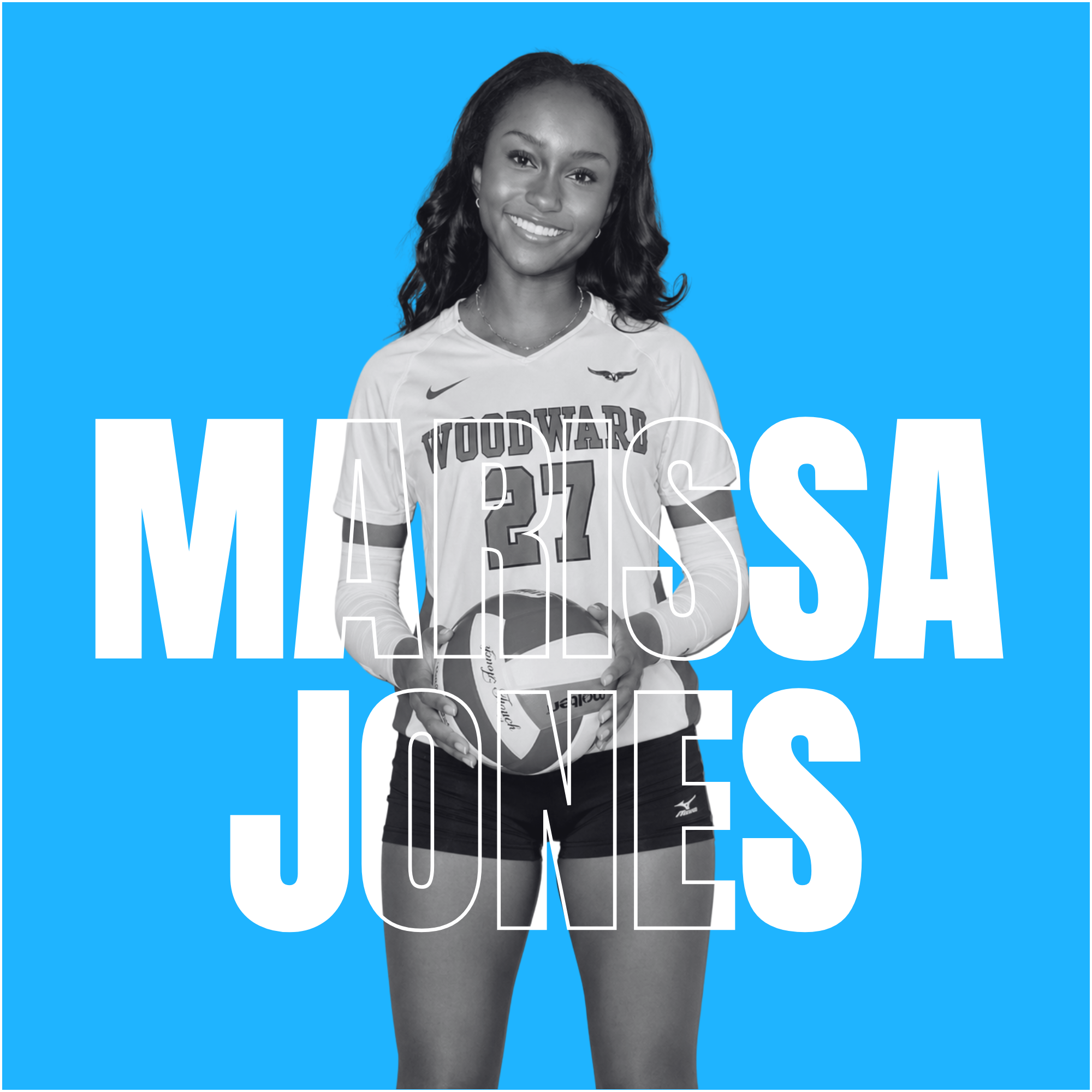 Black and white photo of a female volleyball player holding a volleyball, wearing a jersey with the name Woodward and number 27, smiling against a blue background with large white text overlaying.