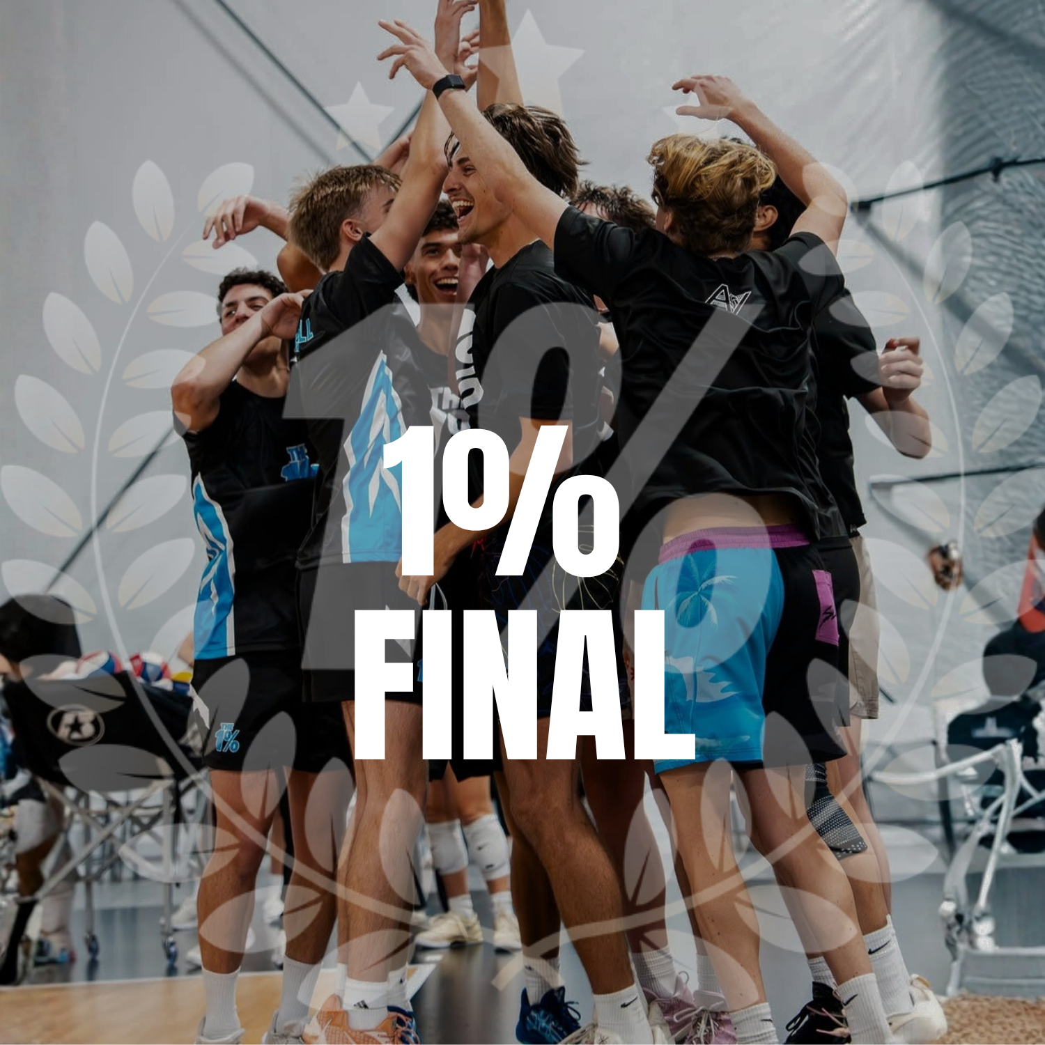Group of young male athletes celebrating in sports uniforms at a final match, with a transparent overlay displaying '1% FINAL' and decorative leaf patterns.