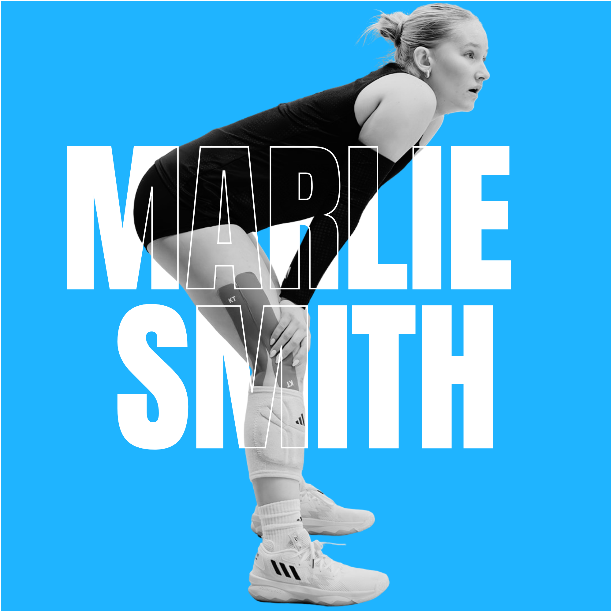 A black and white image of female volleyball player in a crouched position, wearing athletic gear, against a bright blue background with the word "MARLIE SMITH" overlayed in large white capital letters.
