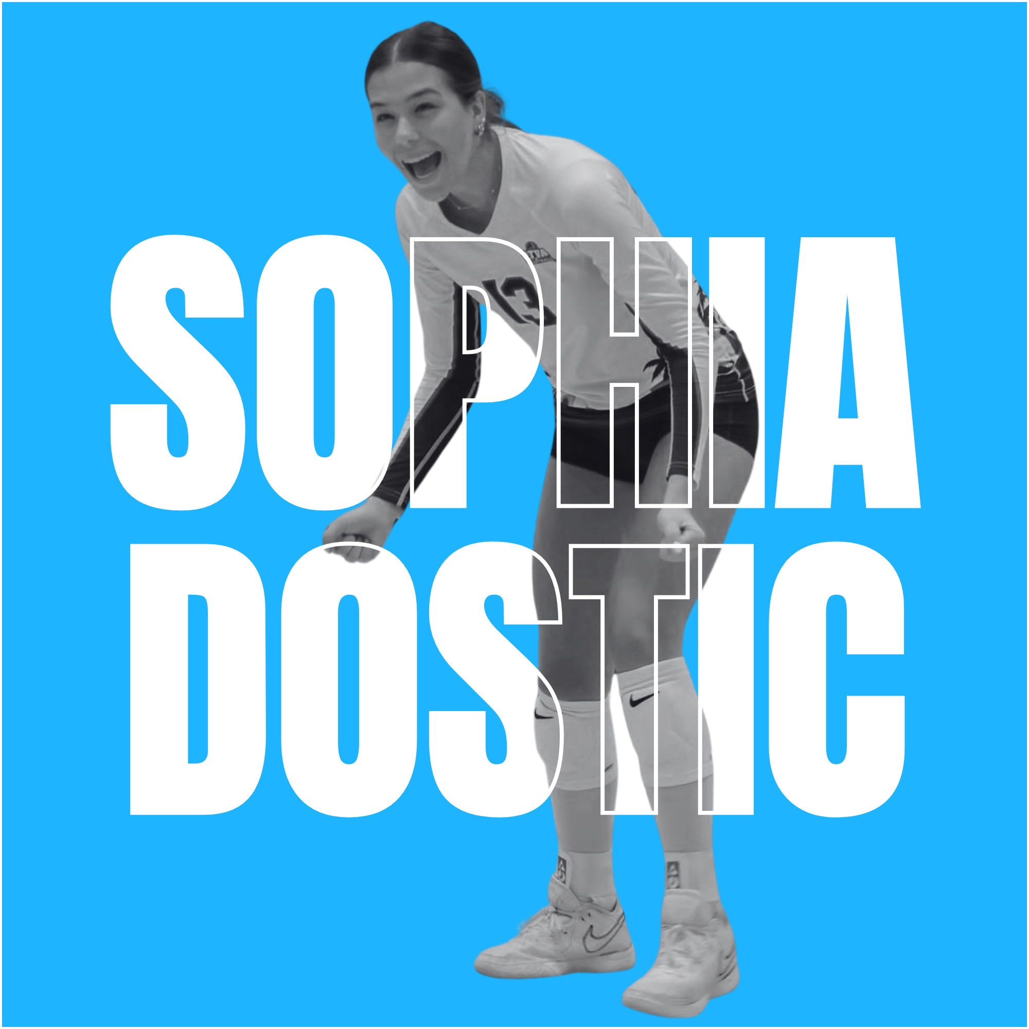 A woman in sports attire with a wide smile, wearing a white jersey, shorts, and Nike shoes, against a bright blue background with large white text reading 'SOPHIA DOSIC'.