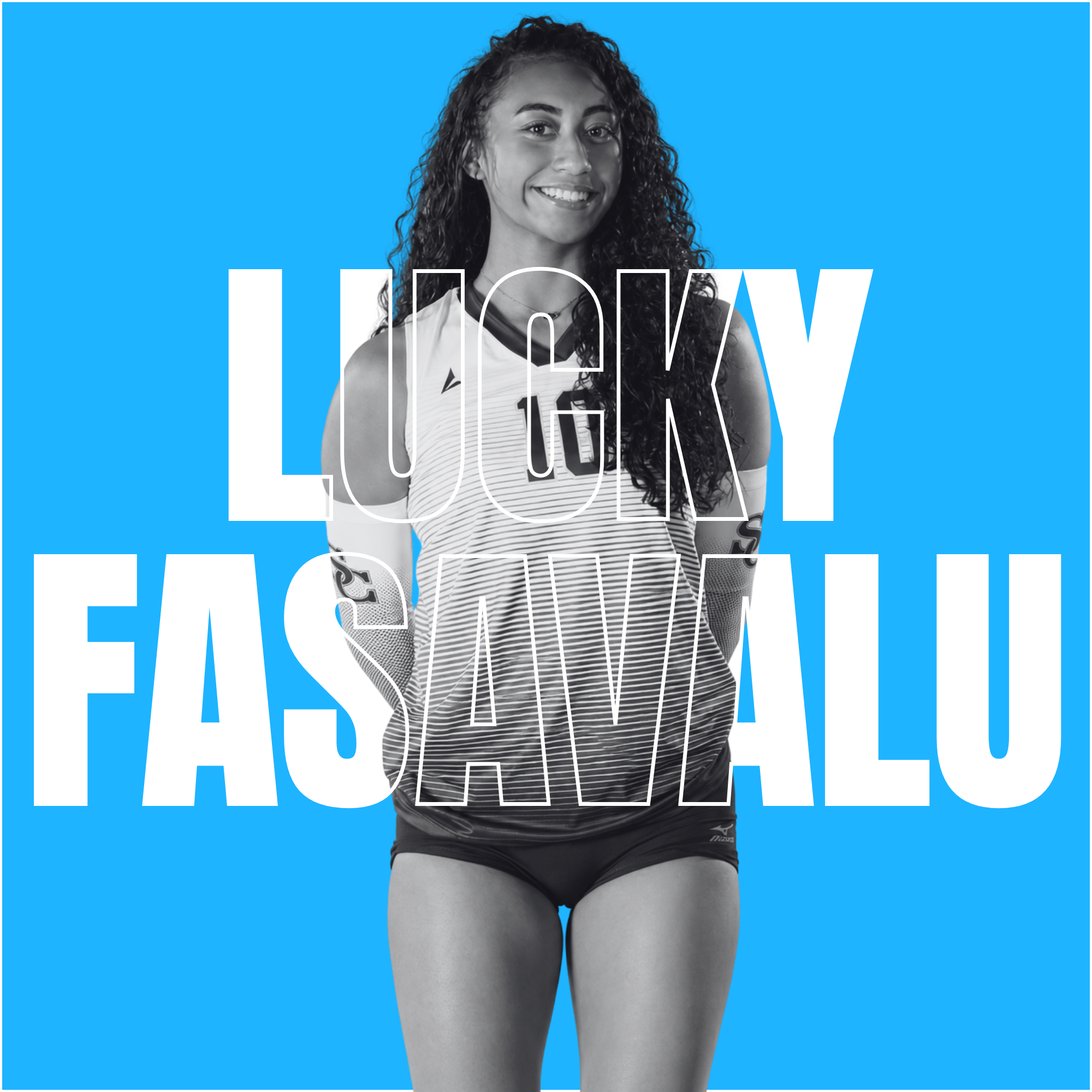 A female athlete in sportswear smiling, standing against a bright blue background with large text overlay that reads 'LUCKY FASAVULU' and other partially visible words.