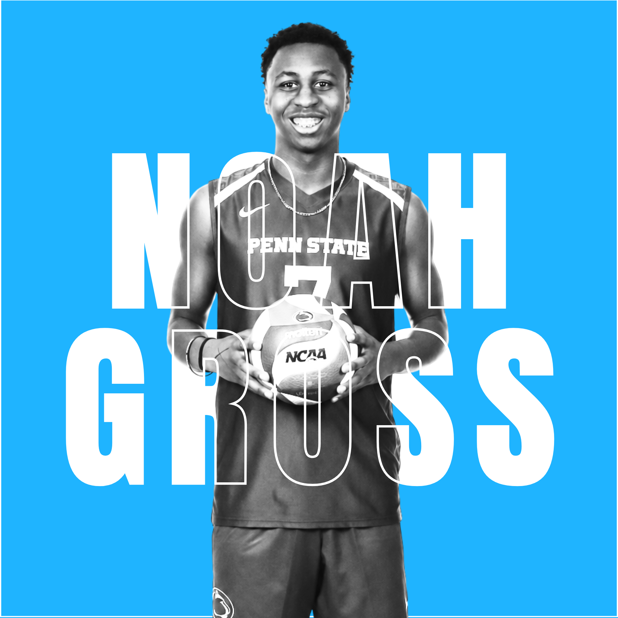 Black and white photo of a young male volleyball player wearing Penn State volleyball uniform, holding a volleyball, standing in front of a blue background with large white text saying NOAH GROSS.