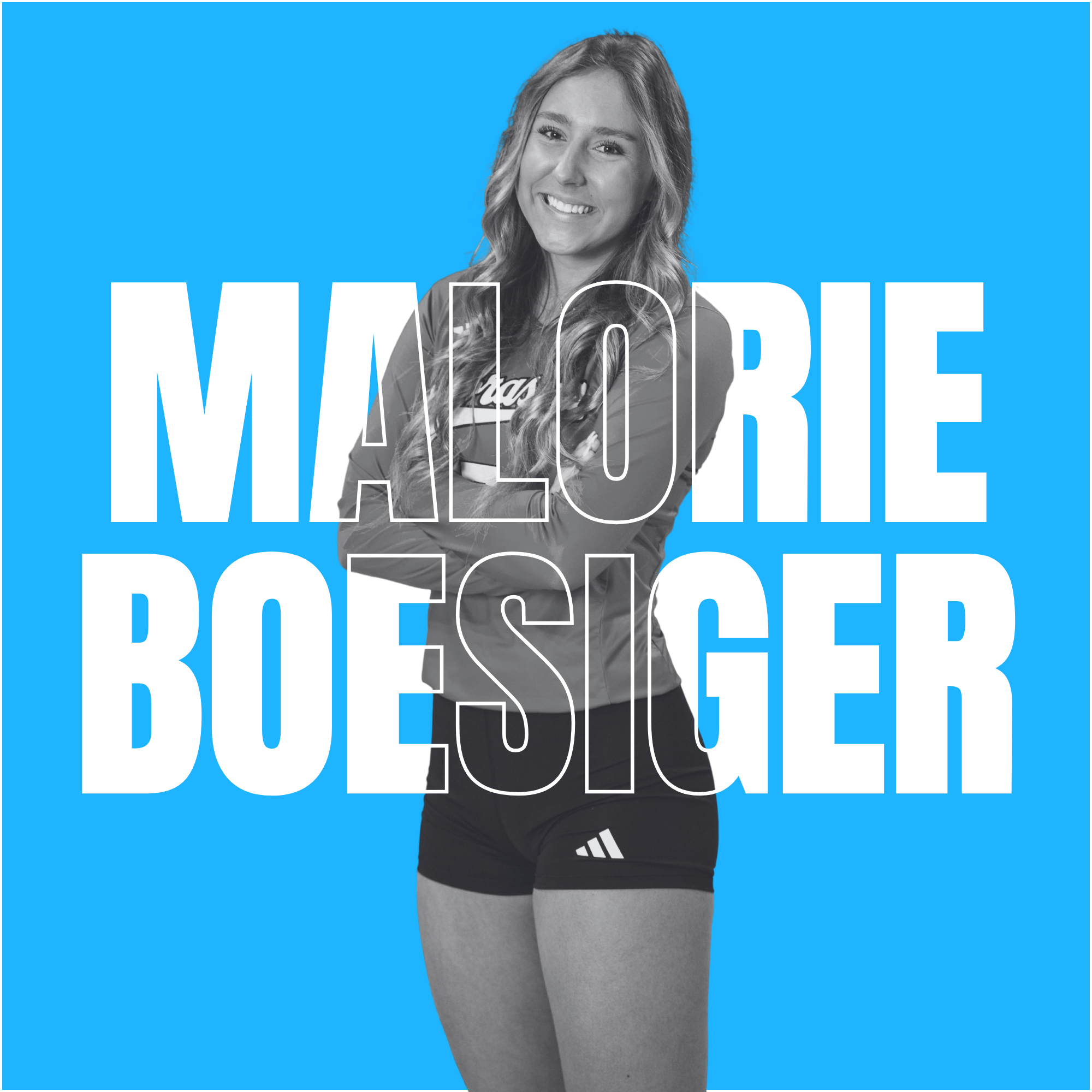 A smiling woman with long wavy hair wearing a sports jacket and shorts, standing against a blue background with large white text that reads 'MALORIE BOESIGER'.