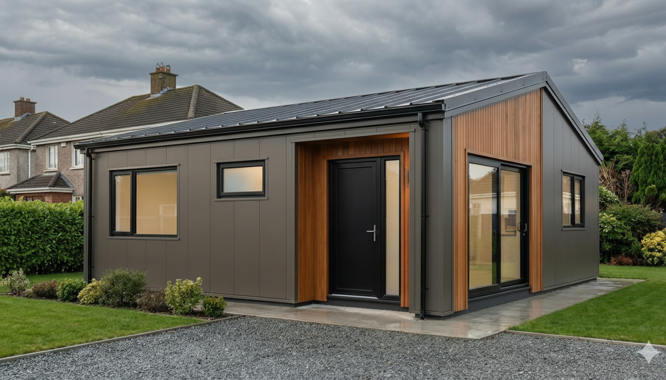 A modern small house with gray metal siding, wood accents around the entrance and sliding glass doors, and a sloped roof, surrounded by a well-maintained lawn and shrubs under a cloudy sky.